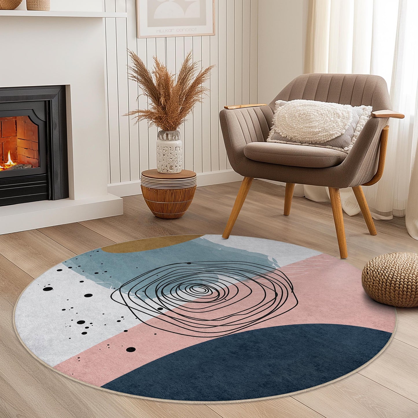 Waschbarer runder Teppich mit abstraktem Kreisdesign | Moderner Wohnteppich | Weiche Baumwollmatte | Stilvoller Akzent fürs Wohnzimmer