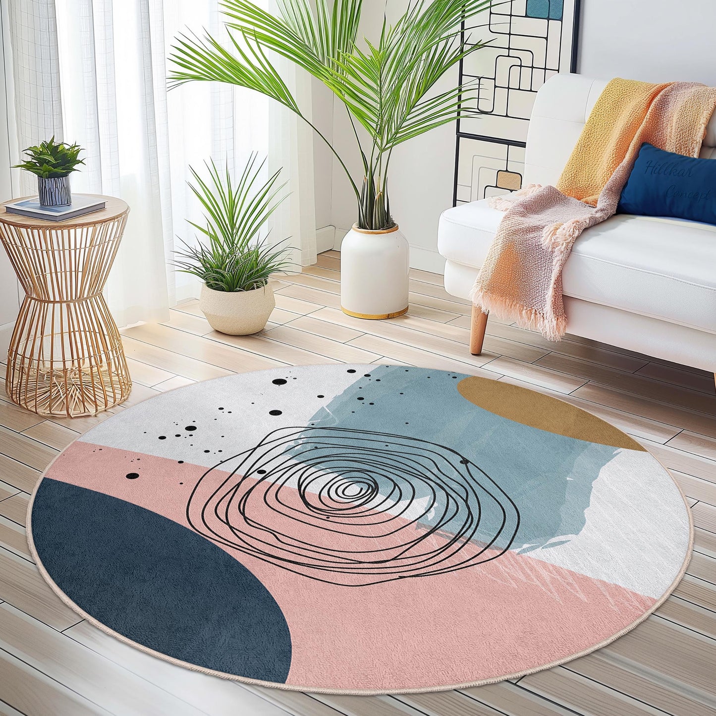 Waschbarer runder Teppich mit abstraktem Kreisdesign | Moderner Wohnteppich | Weiche Baumwollmatte | Stilvoller Akzent fürs Wohnzimmer