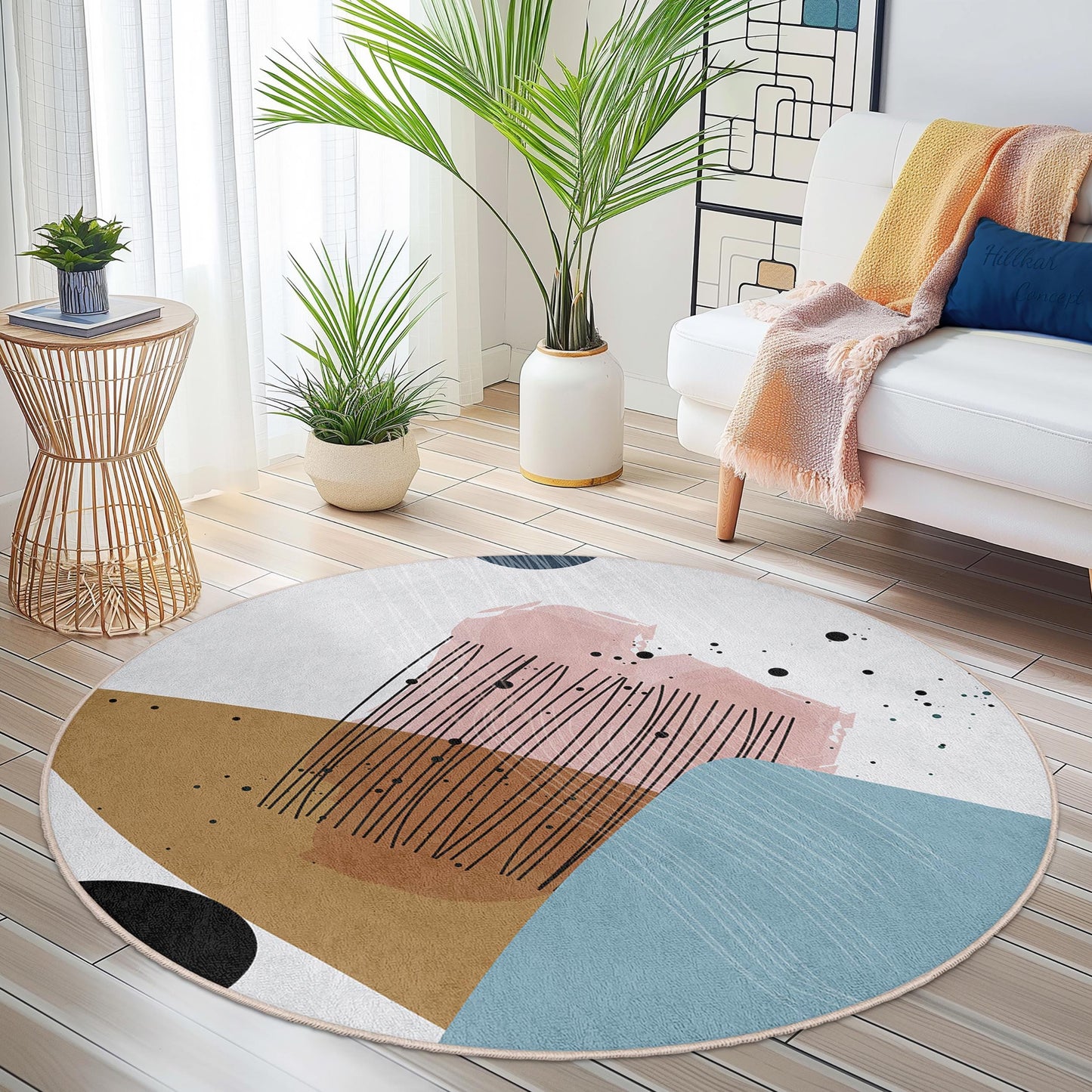 Abstrakter runder Teppich | Moderner minimalistischer Teppich | Weiche Baumwoll-Fußmatte | Stilvolle Wohnaccessoires