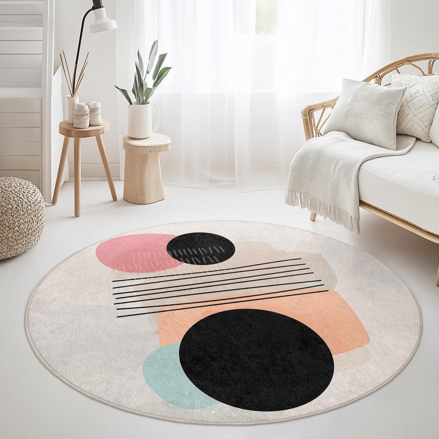 Abstrakter geometrischer runder Teppich | Moderne Wohnaccessoires | Weicher Baumwollteppich | Stilvoller Akzent fürs Wohnzimmer