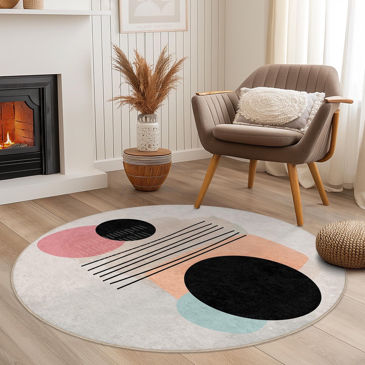 Abstrakter geometrischer runder Teppich | Moderne Wohnaccessoires | Weicher Baumwollteppich | Stilvoller Akzent fürs Wohnzimmer
