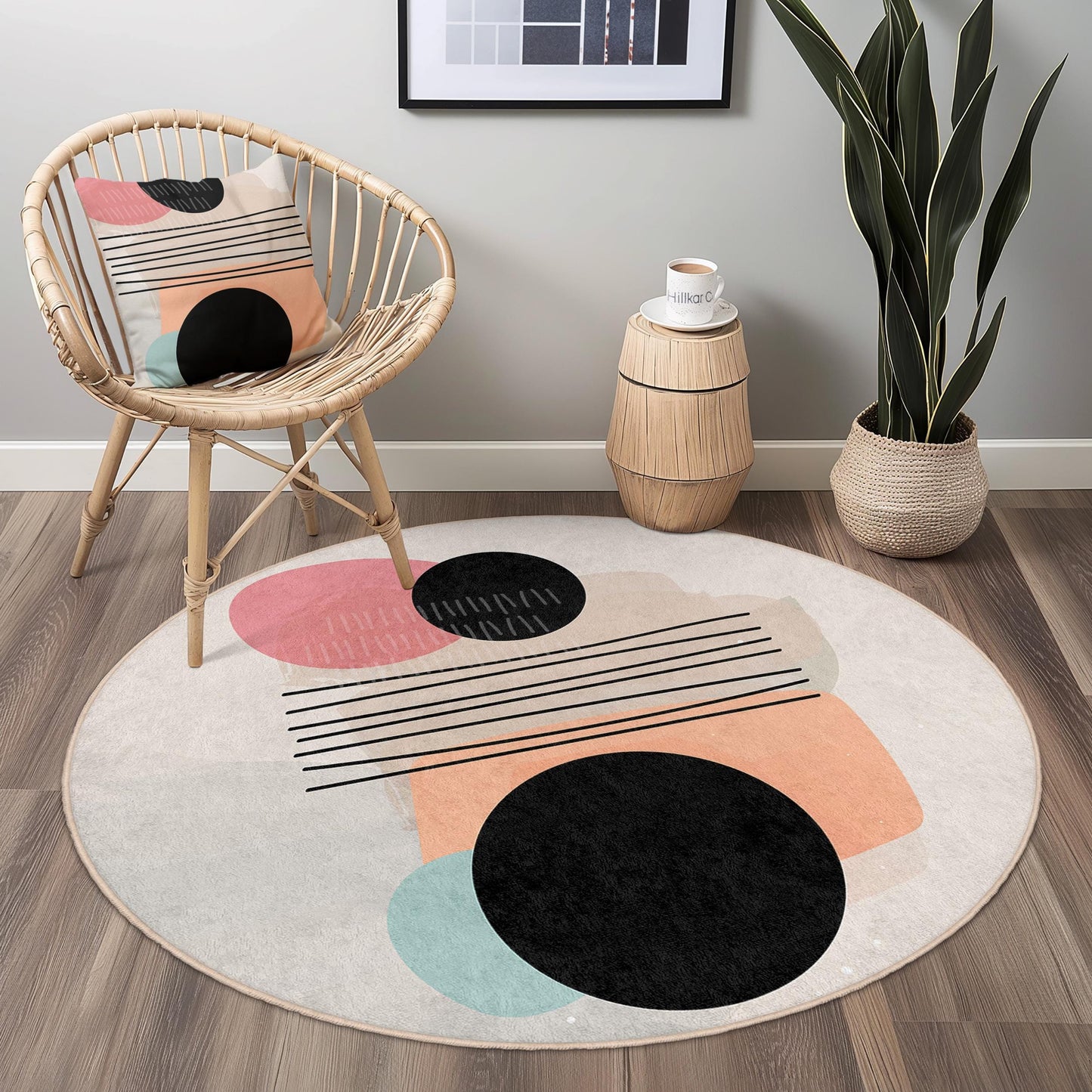 Abstrakter geometrischer runder Teppich | Moderne Wohnaccessoires | Weicher Baumwollteppich | Stilvoller Akzent fürs Wohnzimmer
