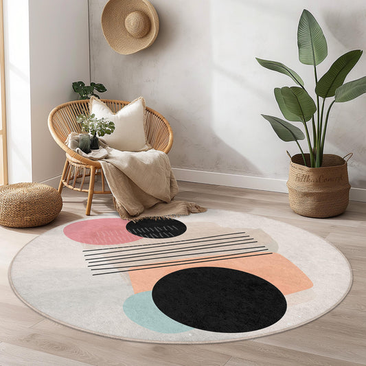 Abstract Geometric Round Rug | Modern Art Home Decor | Soft Cotton Circle Carpet | Stylish Living Room Accent