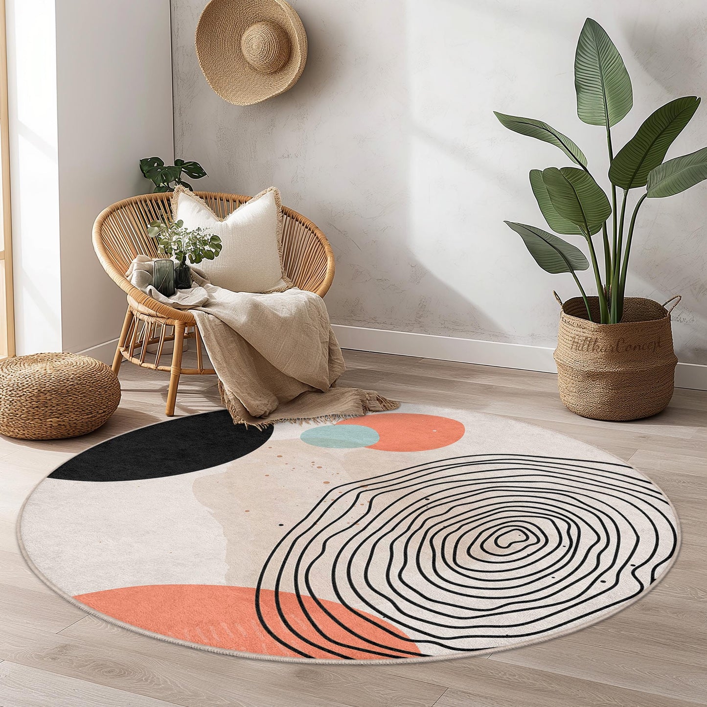Abstrakter runder Baumwollteppich | Moderner runder Teppich mit einzigartigem Design | Weiche, rutschfeste Bodenmatte fürs Wohnzimmer