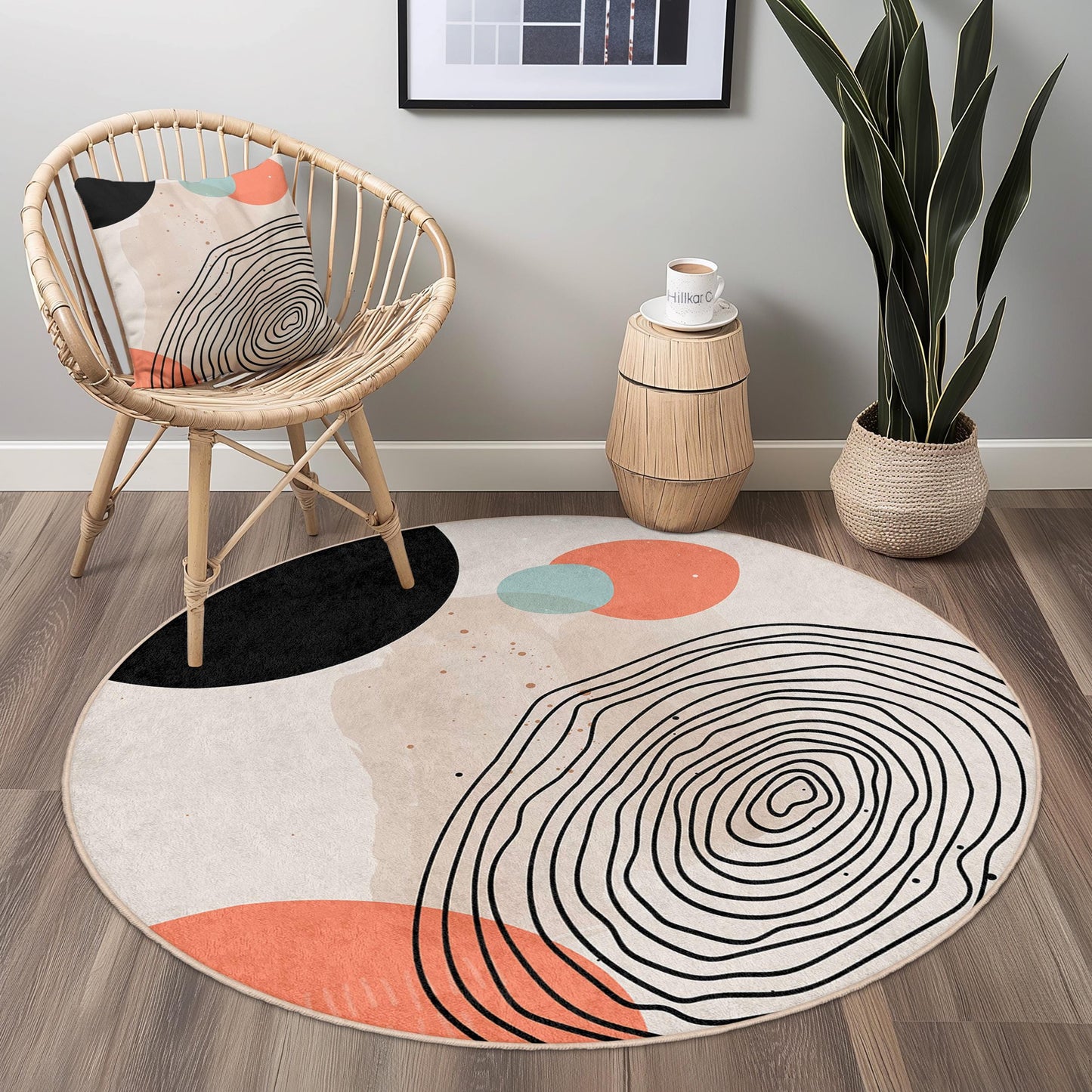 Abstrakter runder Baumwollteppich | Moderner runder Teppich mit einzigartigem Design | Weiche, rutschfeste Bodenmatte fürs Wohnzimmer