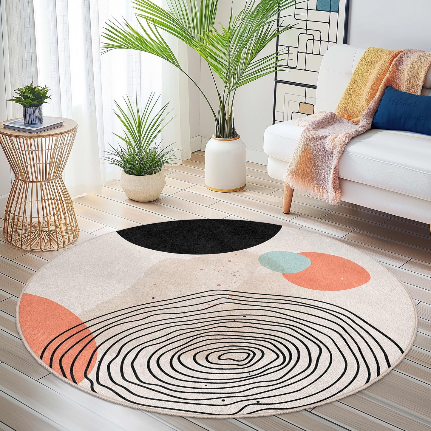 Abstrakter runder Baumwollteppich | Moderner runder Teppich mit einzigartigem Design | Weiche, rutschfeste Bodenmatte fürs Wohnzimmer