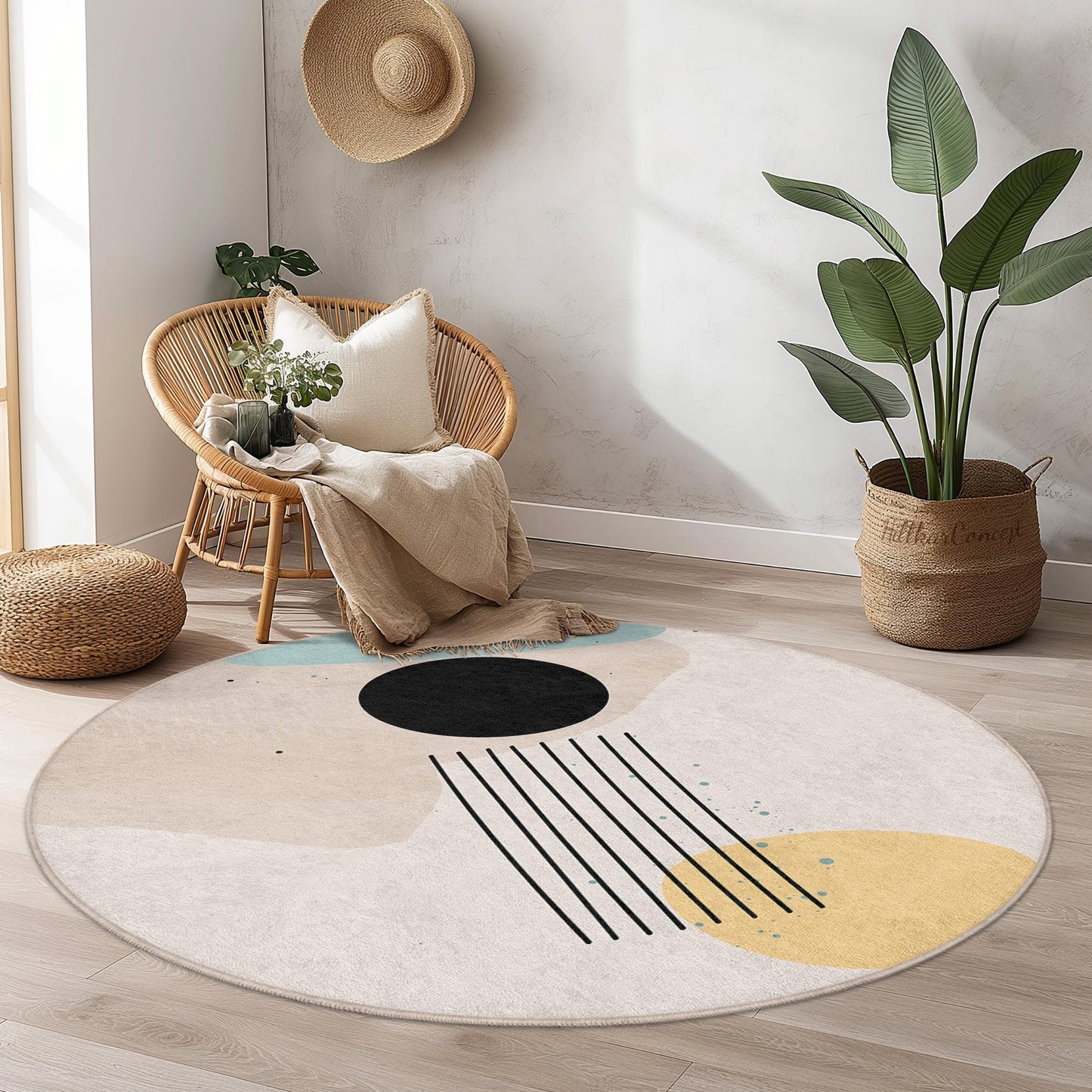 Abstrakter, geometrischer, runder Teppich | Moderner runder Teppich fürs Wohnzimmer | Weiche Baumwoll-Fußmatte | Trendige Wohnaccessoires