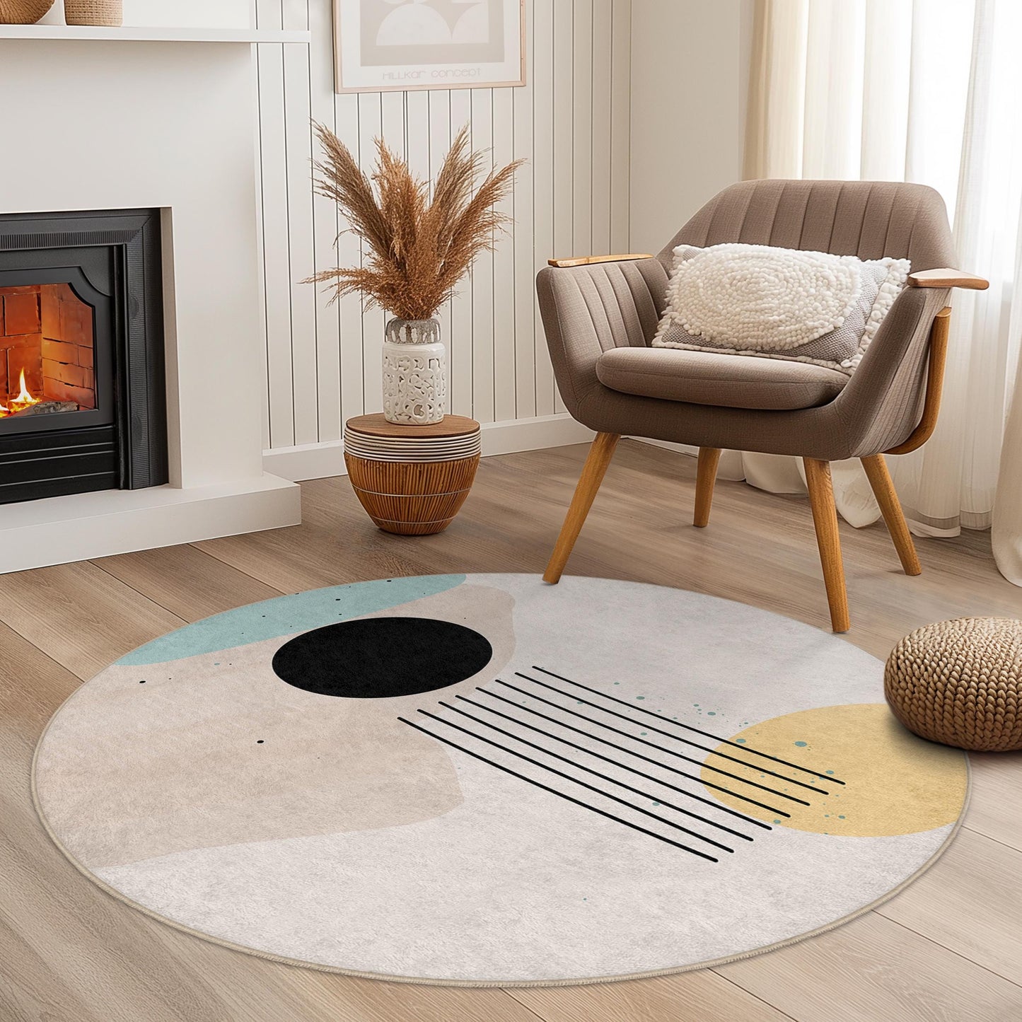 Abstrakter, geometrischer, runder Teppich | Moderner runder Teppich fürs Wohnzimmer | Weiche Baumwoll-Fußmatte | Trendige Wohnaccessoires