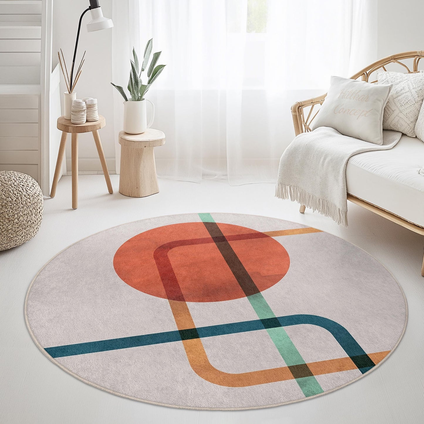 Abstrakter, geometrischer, runder Teppich | Moderner Kreisteppich fürs Wohnzimmer | Stilvolle Wohndekoration | Weiche, waschbare Teppichmatte mit Muster