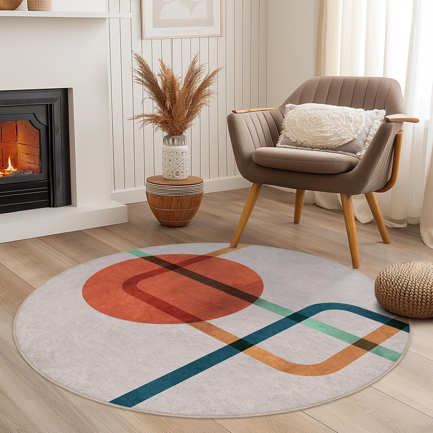 Abstrakter, geometrischer, runder Teppich | Moderner Kreisteppich fürs Wohnzimmer | Stilvolle Wohndekoration | Weiche, waschbare Teppichmatte mit Muster