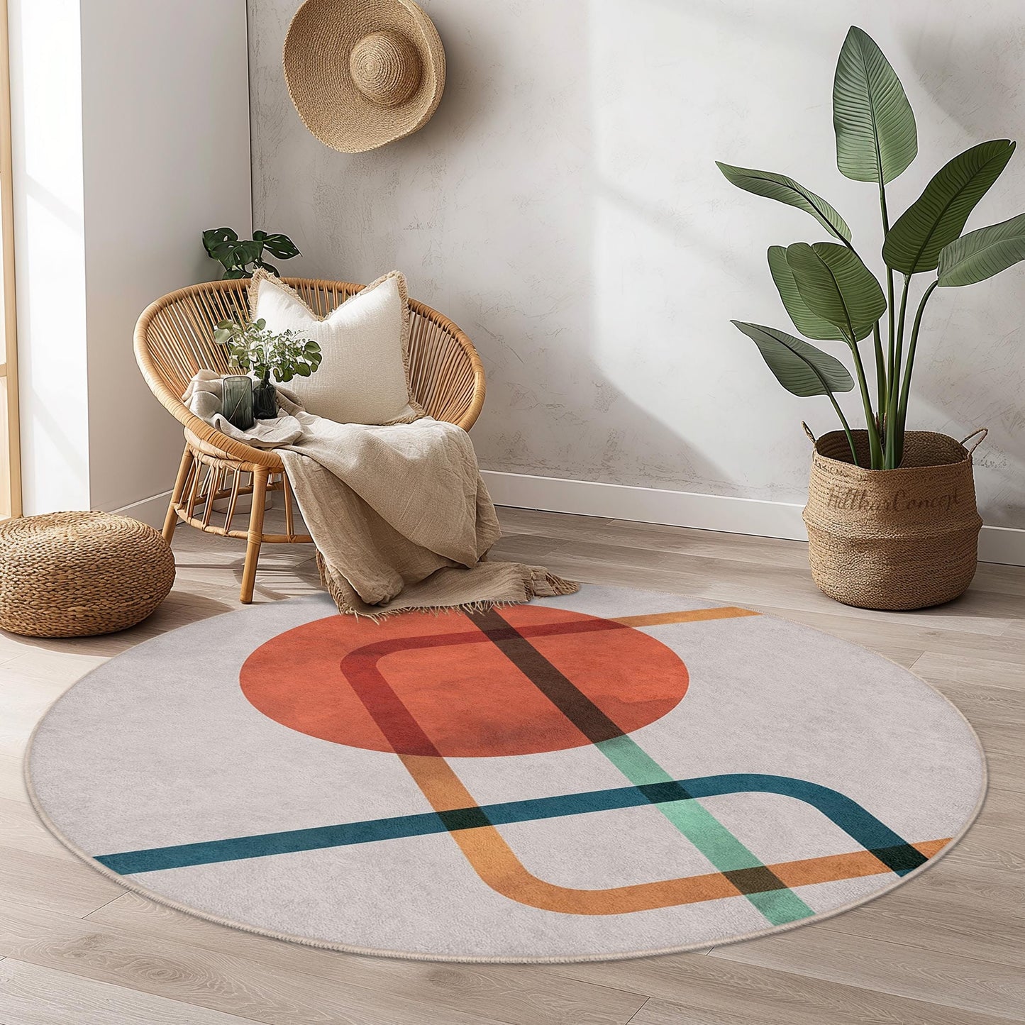 Abstrakter, geometrischer, runder Teppich | Moderner Kreisteppich fürs Wohnzimmer | Stilvolle Wohndekoration | Weiche, waschbare Teppichmatte mit Muster