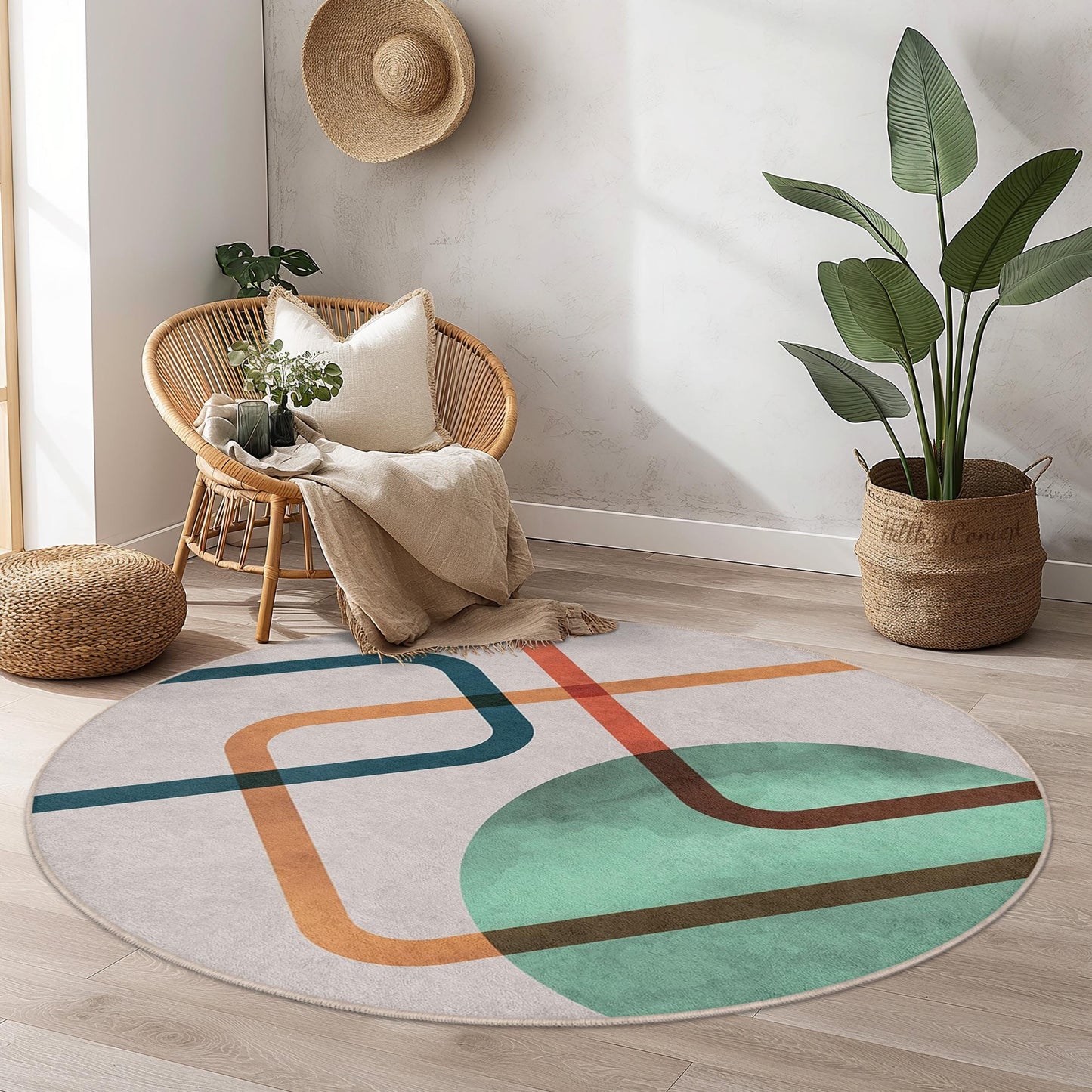 Abstrakter, geometrischer, runder Teppich | Runder Teppich im Stil moderner Kunst | Weiche, rutschfeste Baumwollmatte fürs Wohnzimmer