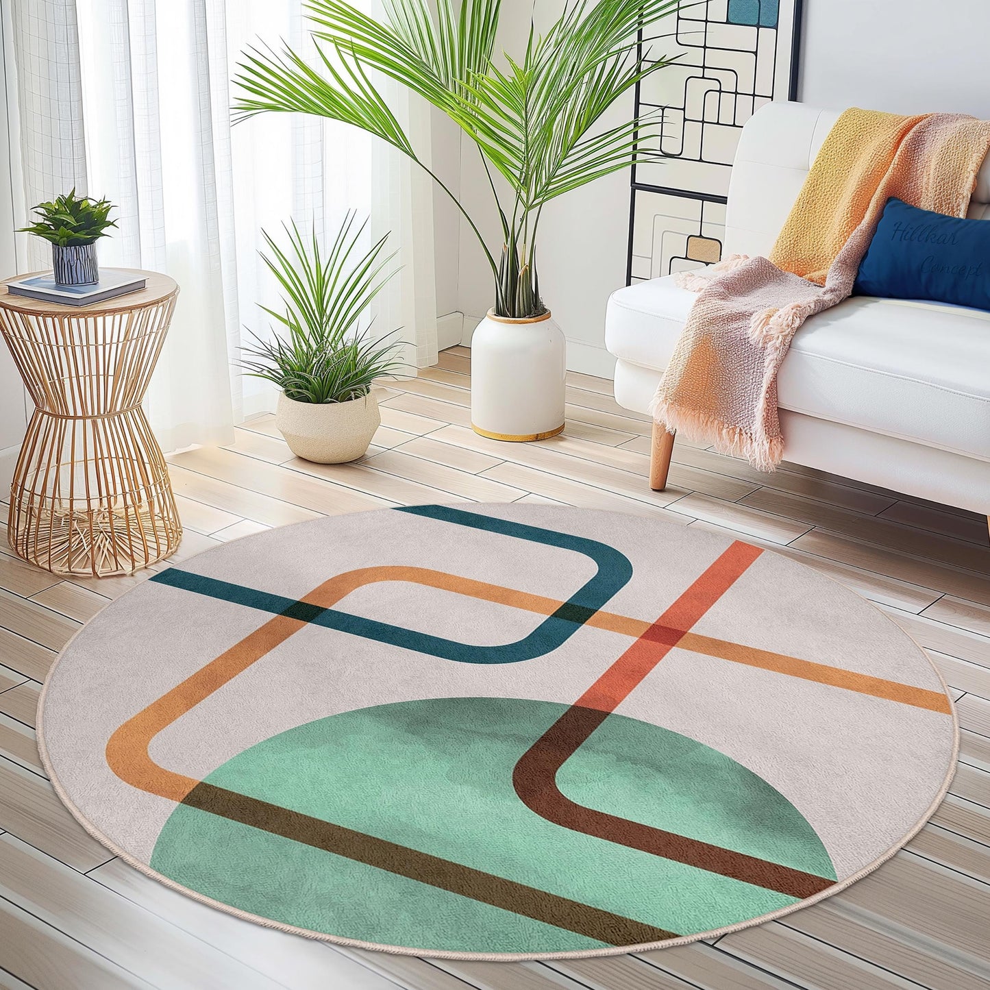 Abstrakter, geometrischer, runder Teppich | Runder Teppich im Stil moderner Kunst | Weiche, rutschfeste Baumwollmatte fürs Wohnzimmer
