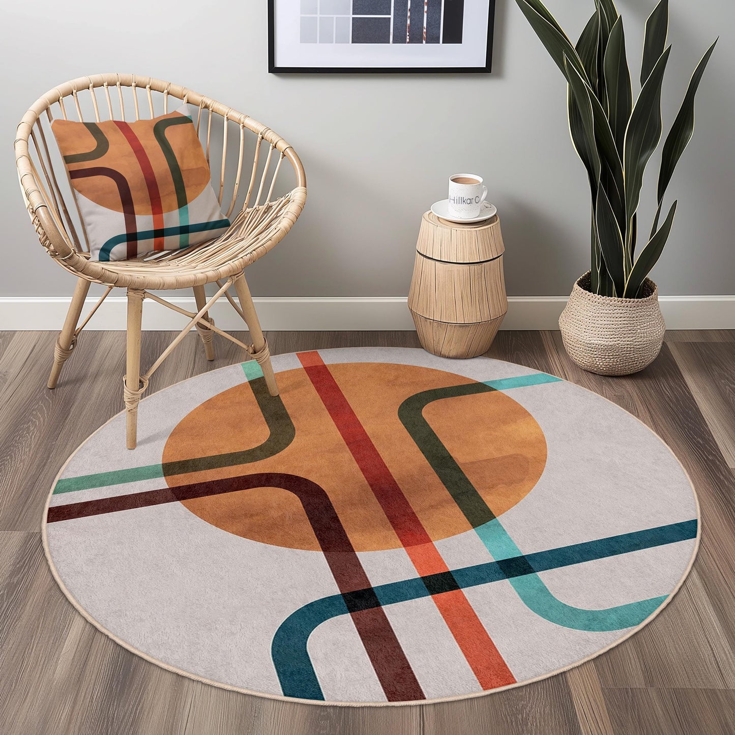 Geometrischer runder Teppich | Moderner abstrakter Teppich | Weiche Baumwollmatte fürs Wohnzimmer | Stilvolle Wohndekoration