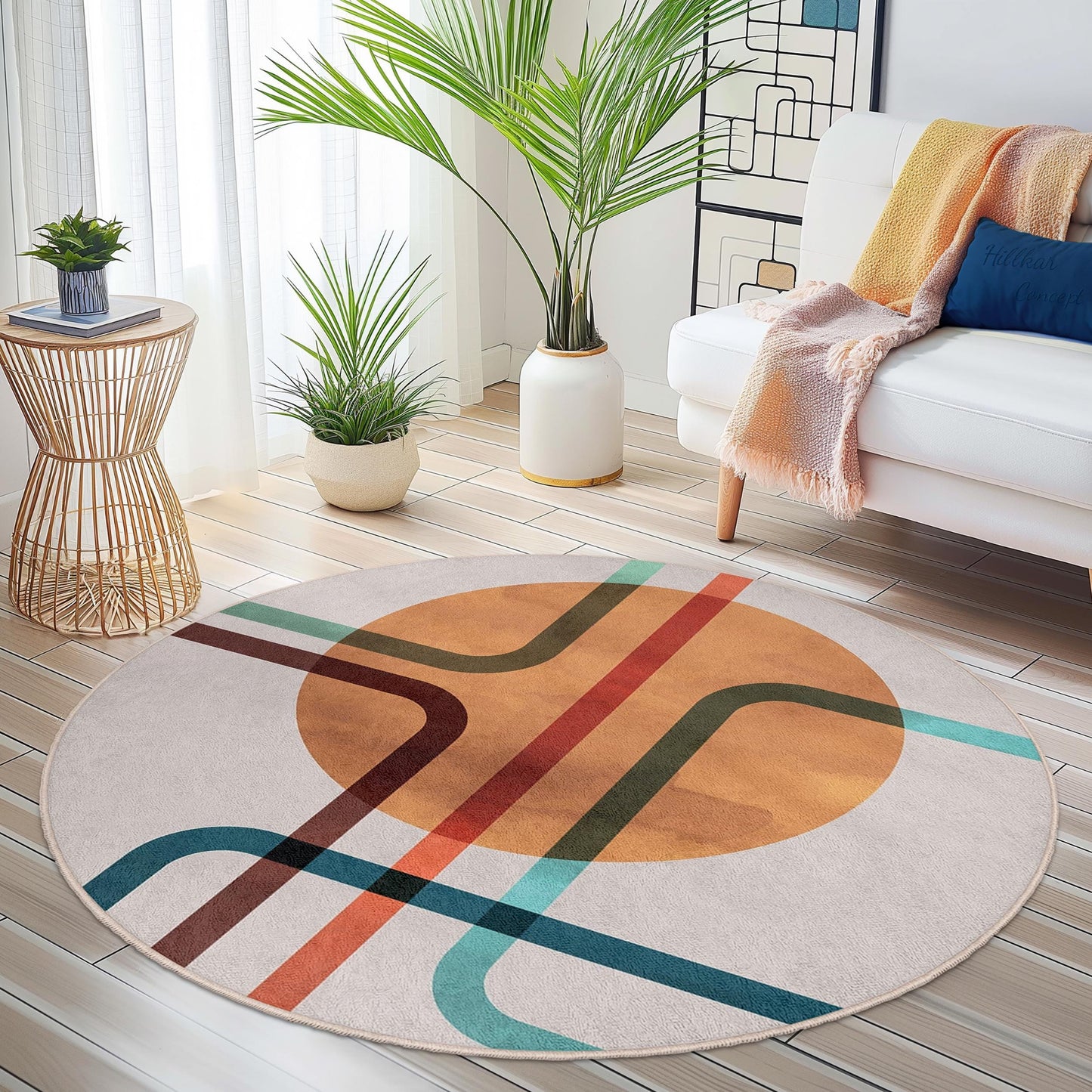 Geometrischer runder Teppich | Moderner abstrakter Teppich | Weiche Baumwollmatte fürs Wohnzimmer | Stilvolle Wohndekoration