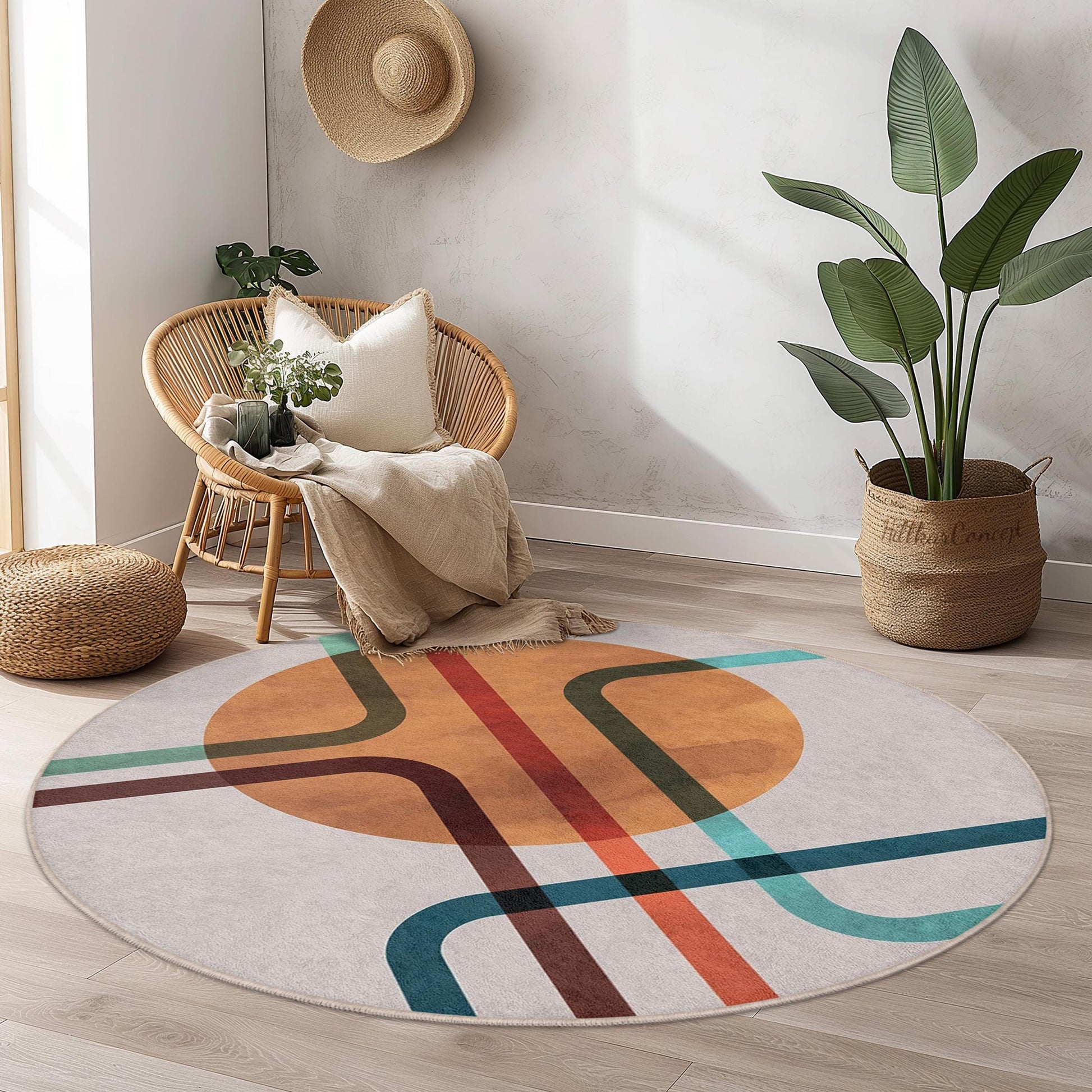 Geometric Round Area Rug | Modern Abstract Design Carpet | Soft Cotton Floor Mat for Living Room | Stylish Home Decor