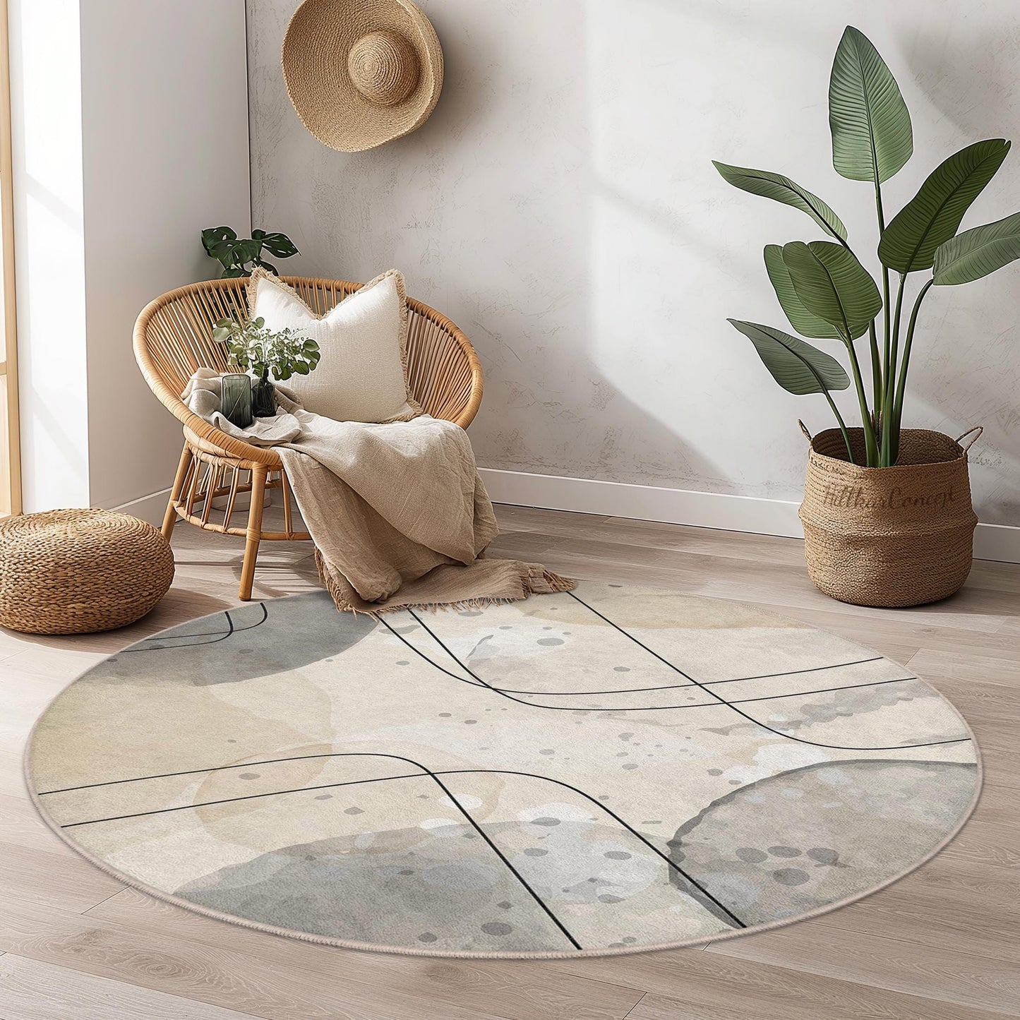 Abstrakter, geometrischer, runder Teppich | Moderner, weicher Baumwollteppich | Stilvolle Wohnzimmerdekoration | Einzigartiges Wohnaccessoire