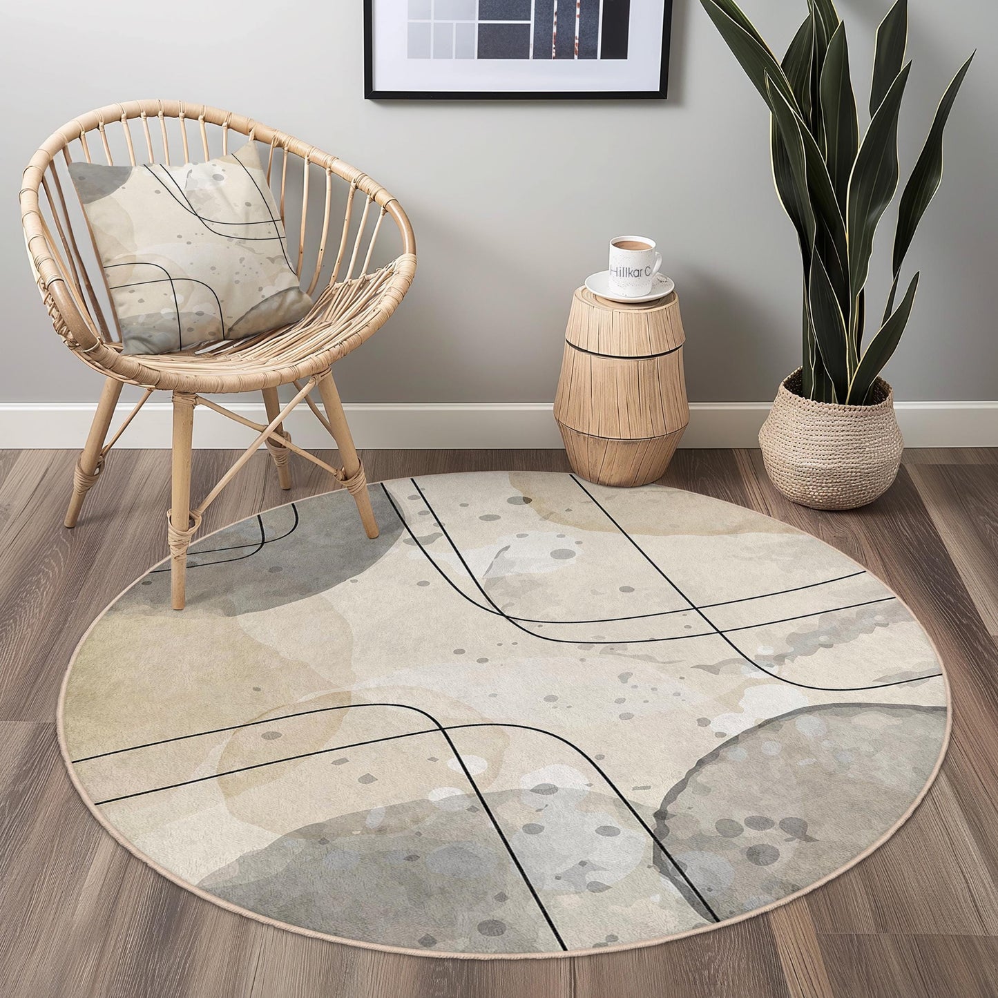 Abstrakter, geometrischer, runder Teppich | Moderner, weicher Baumwollteppich | Stilvolle Wohnzimmerdekoration | Einzigartiges Wohnaccessoire