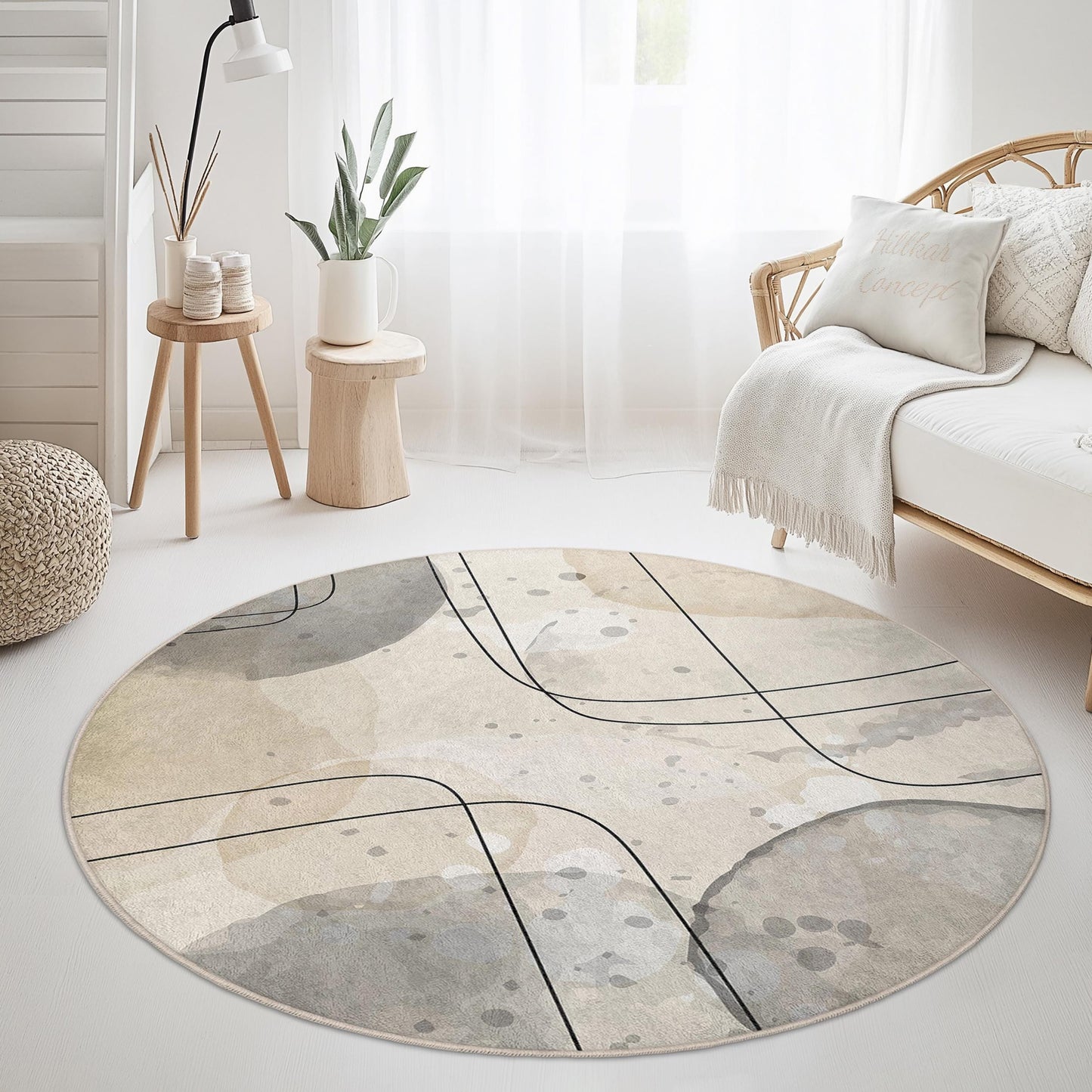 Abstrakter, geometrischer, runder Teppich | Moderner, weicher Baumwollteppich | Stilvolle Wohnzimmerdekoration | Einzigartiges Wohnaccessoire