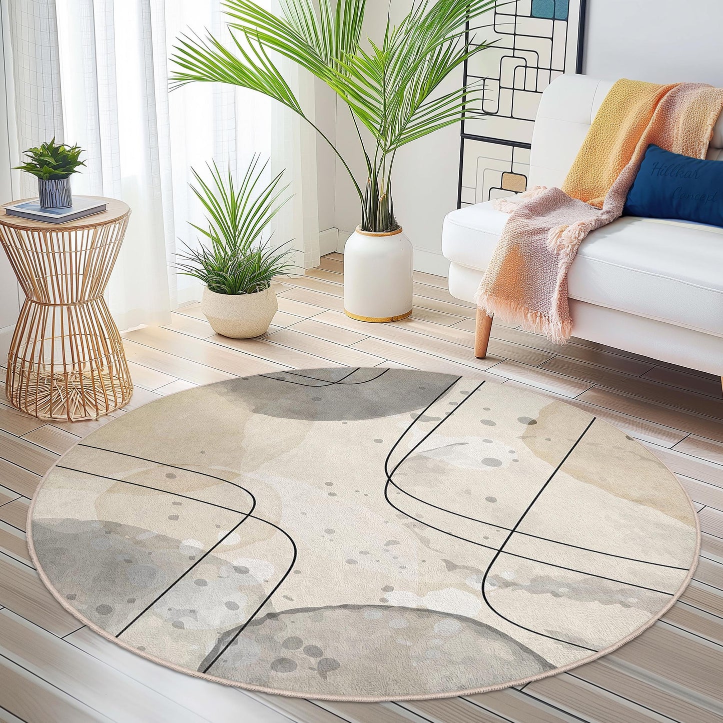Abstrakter, geometrischer, runder Teppich | Moderner, weicher Baumwollteppich | Stilvolle Wohnzimmerdekoration | Einzigartiges Wohnaccessoire