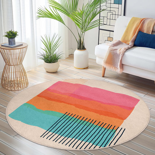 Colorful Abstract Round Area Rug | Modern Artistic Home Decor | Soft Cotton Floor Mat | Eye-Catching Living Room Carpet