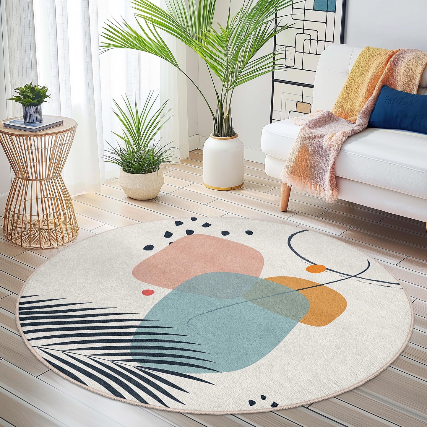 Abstrakter, geometrischer, runder Teppich | Weiche Baumwollmatte fürs Wohnzimmer | Moderner Dekoteppich | Stilvolle Wohnaccessoires