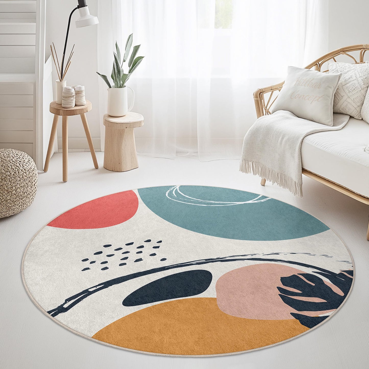 Abstrakter, geometrischer, runder Teppich | Moderner, künstlerischer Fußteppich | Weicher, runder Baumwollteppich für das Wohnzimmer