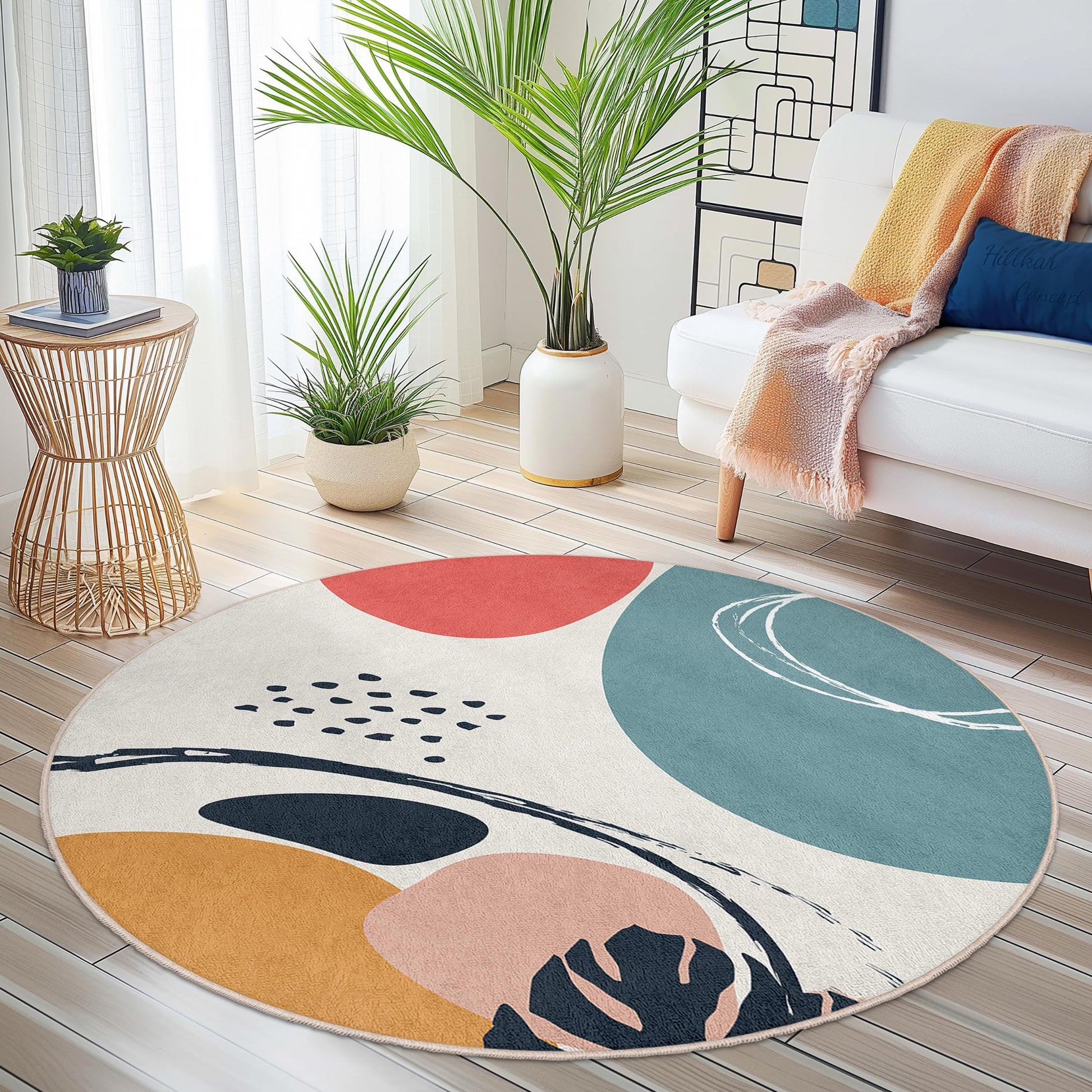 Abstract Geometric Round Area Rug | Modern Artistic Floor Mat | Soft Cotton Circular Carpet for Living Room