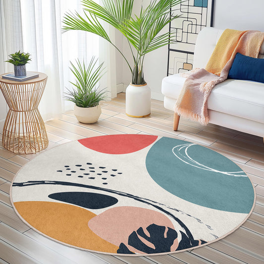 Abstract Geometric Round Area Rug | Modern Artistic Floor Mat | Soft Cotton Circular Carpet for Living Room