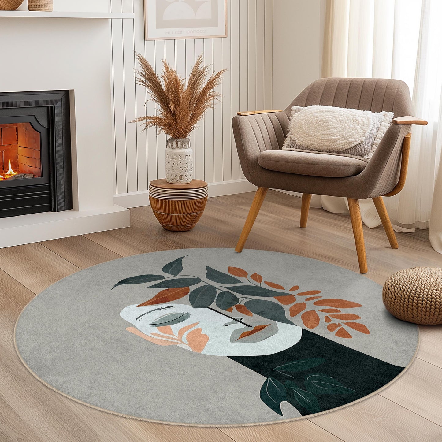 Runder Teppich mit botanischem Motiv | Moderner Teppich mit Blumendesign | Gemütliche Wohndekoration fürs Wohnzimmer | Einzigartige runde Matte