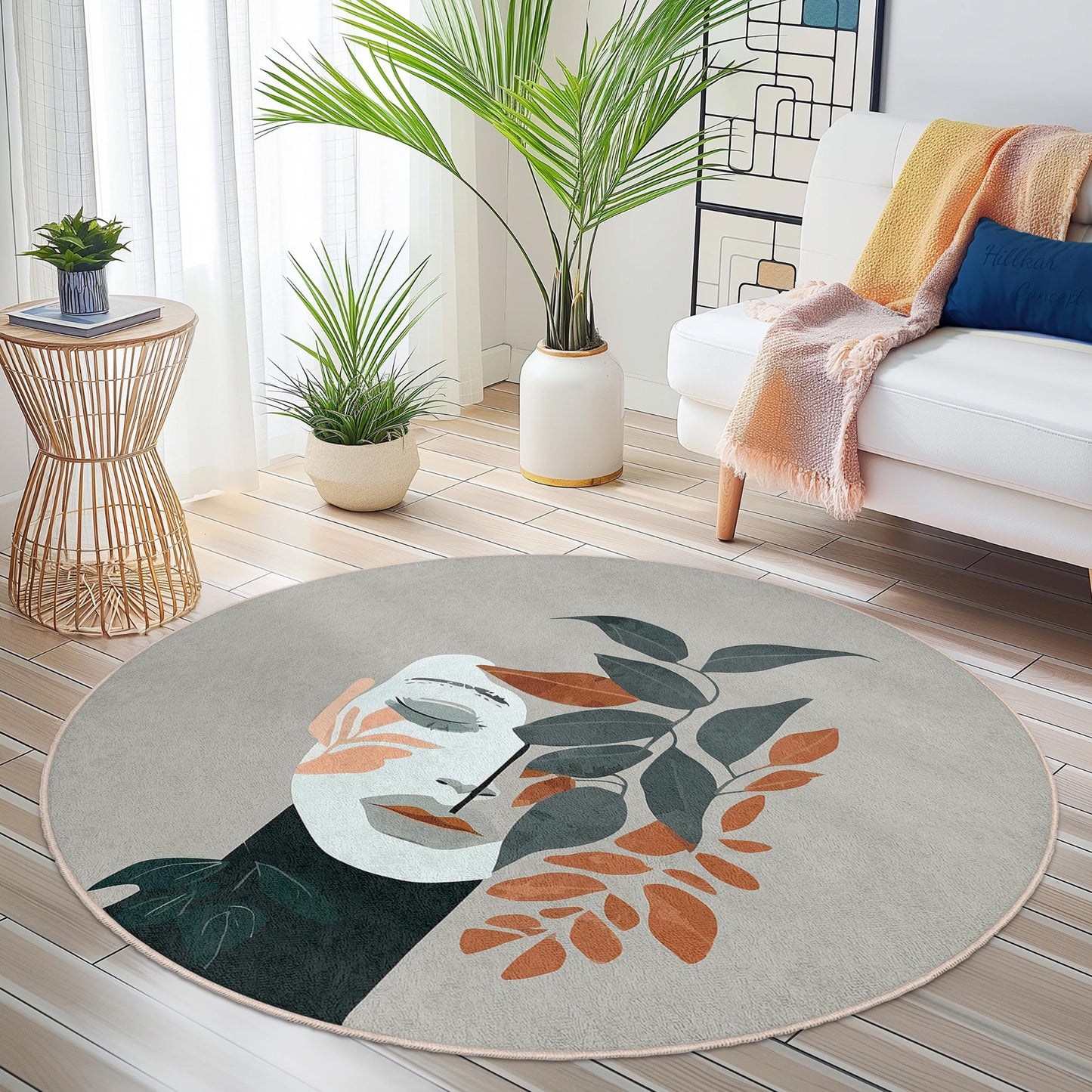 Runder Teppich mit botanischem Motiv | Moderner Teppich mit Blumendesign | Gemütliche Wohndekoration fürs Wohnzimmer | Einzigartige runde Matte