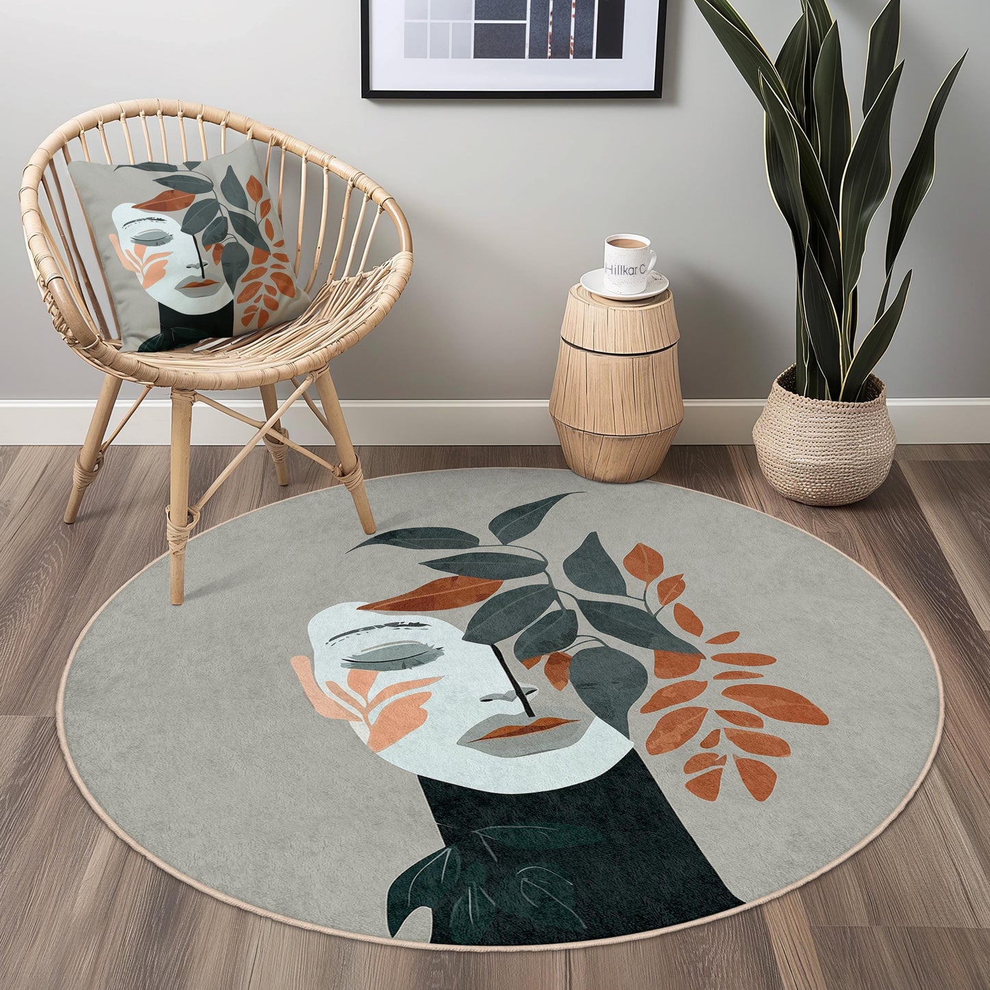 Runder Teppich mit botanischem Motiv | Moderner Teppich mit Blumendesign | Gemütliche Wohndekoration fürs Wohnzimmer | Einzigartige runde Matte