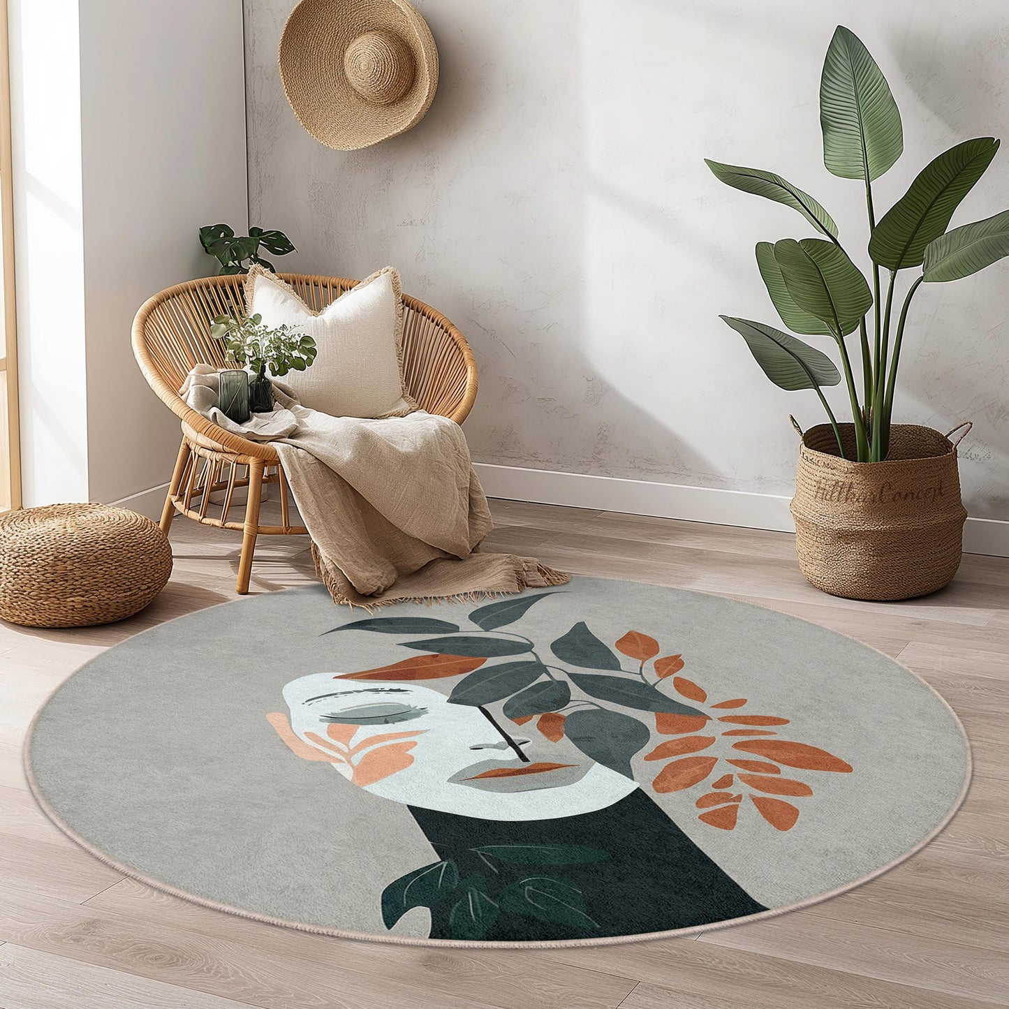 Runder Teppich mit botanischem Motiv | Moderner Teppich mit Blumendesign | Gemütliche Wohndekoration fürs Wohnzimmer | Einzigartige runde Matte