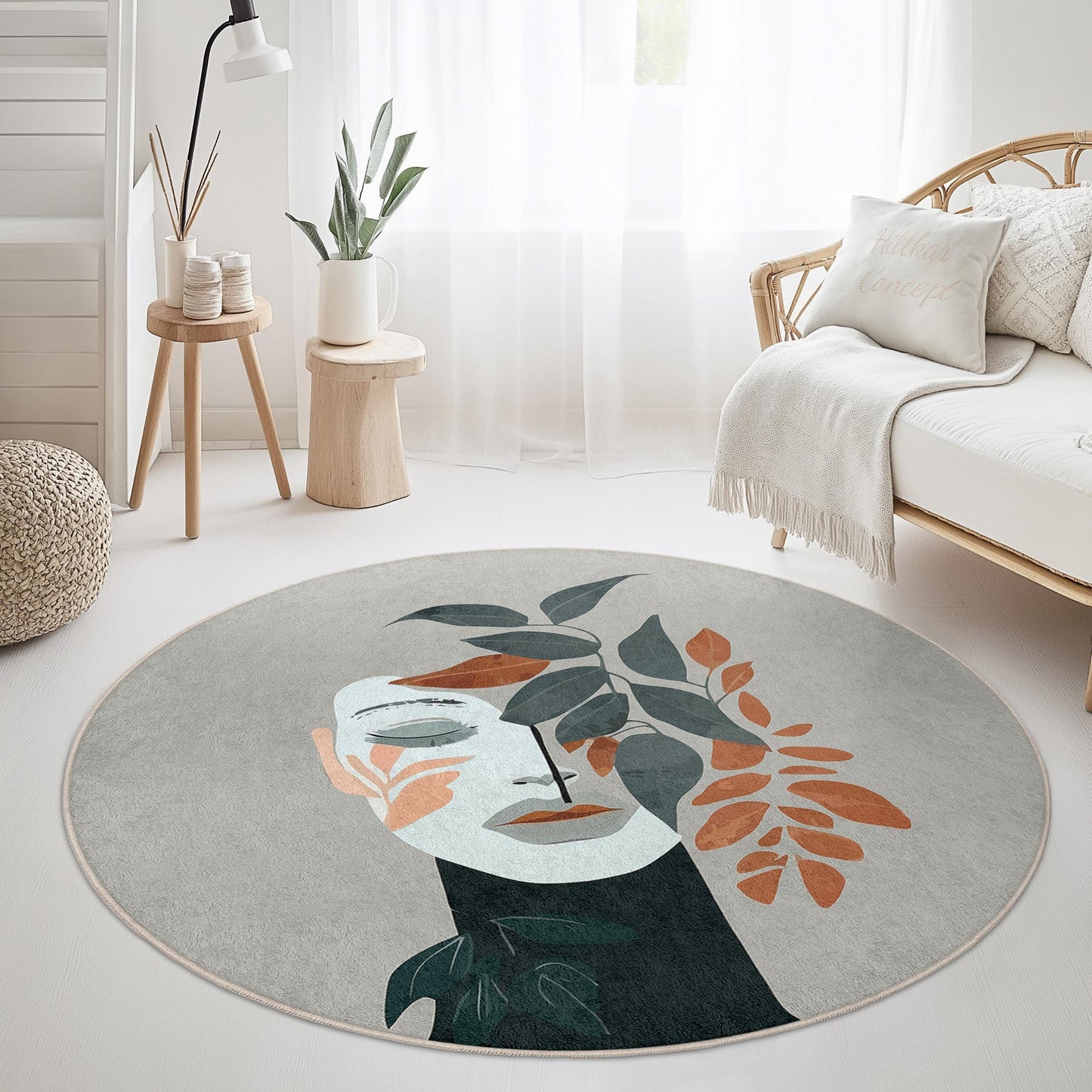 Botanical Face Round Rug | Modern Floral Design Area Carpet | Soft Home Decor for Living Room | Unique Round Mat