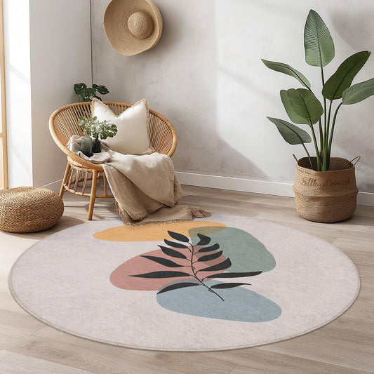 Abstract Leaf Round Rug | Stylish Circular Area Carpet | Modern Home Decor | Soft Cotton Non-Slip Mat