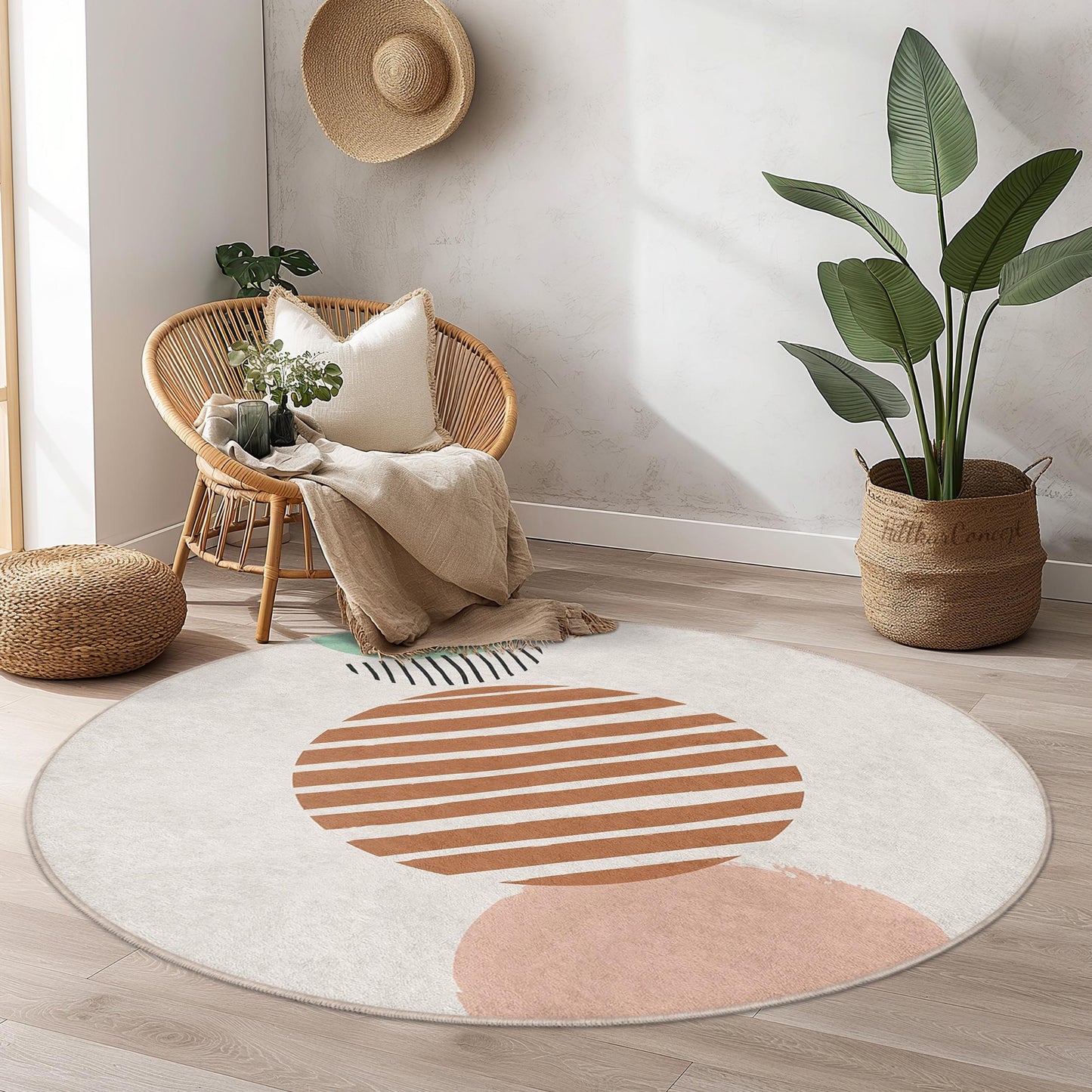 Abstrakter, geometrischer, runder Teppich | Moderner runder Teppich fürs Wohnzimmer | Weicher Baumwollteppich für Zuhause | Stilvolles Streifenmuster