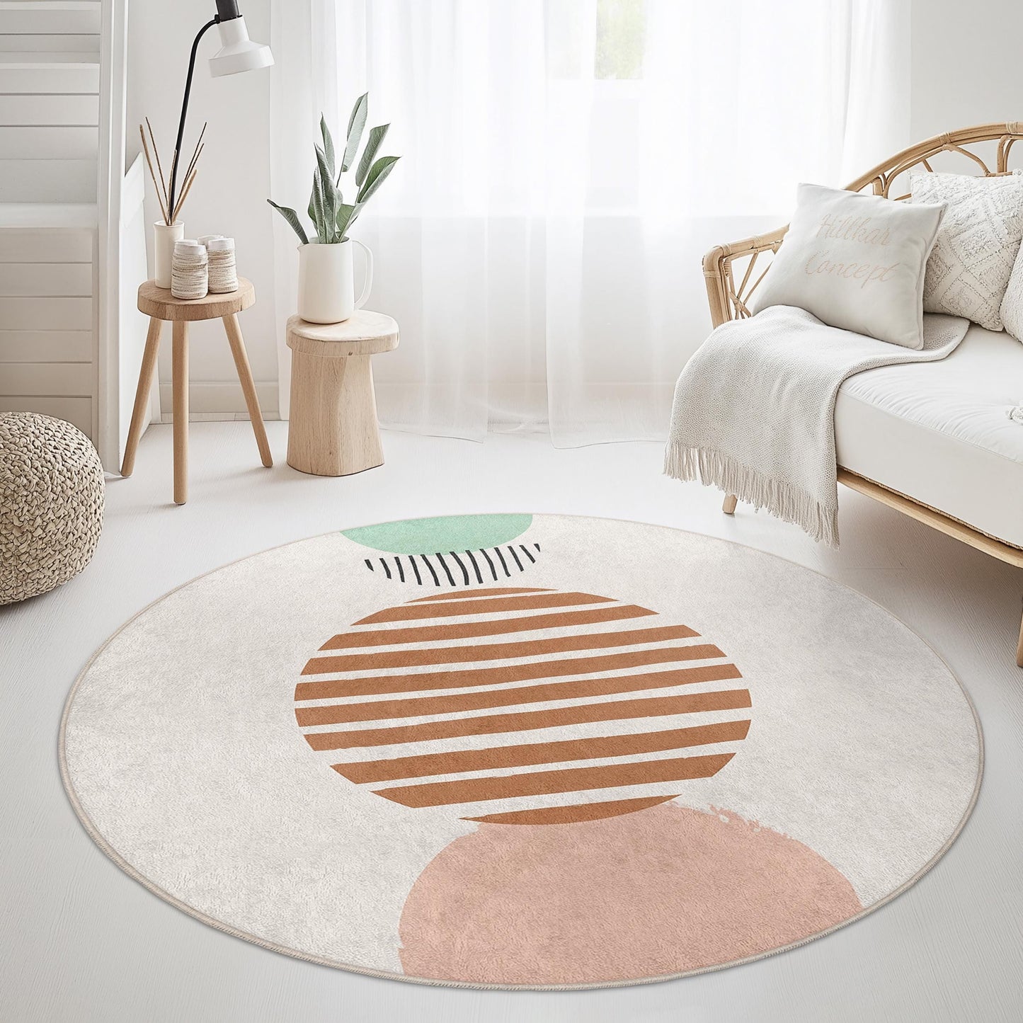 Abstrakter, geometrischer, runder Teppich | Moderner runder Teppich fürs Wohnzimmer | Weicher Baumwollteppich für Zuhause | Stilvolles Streifenmuster
