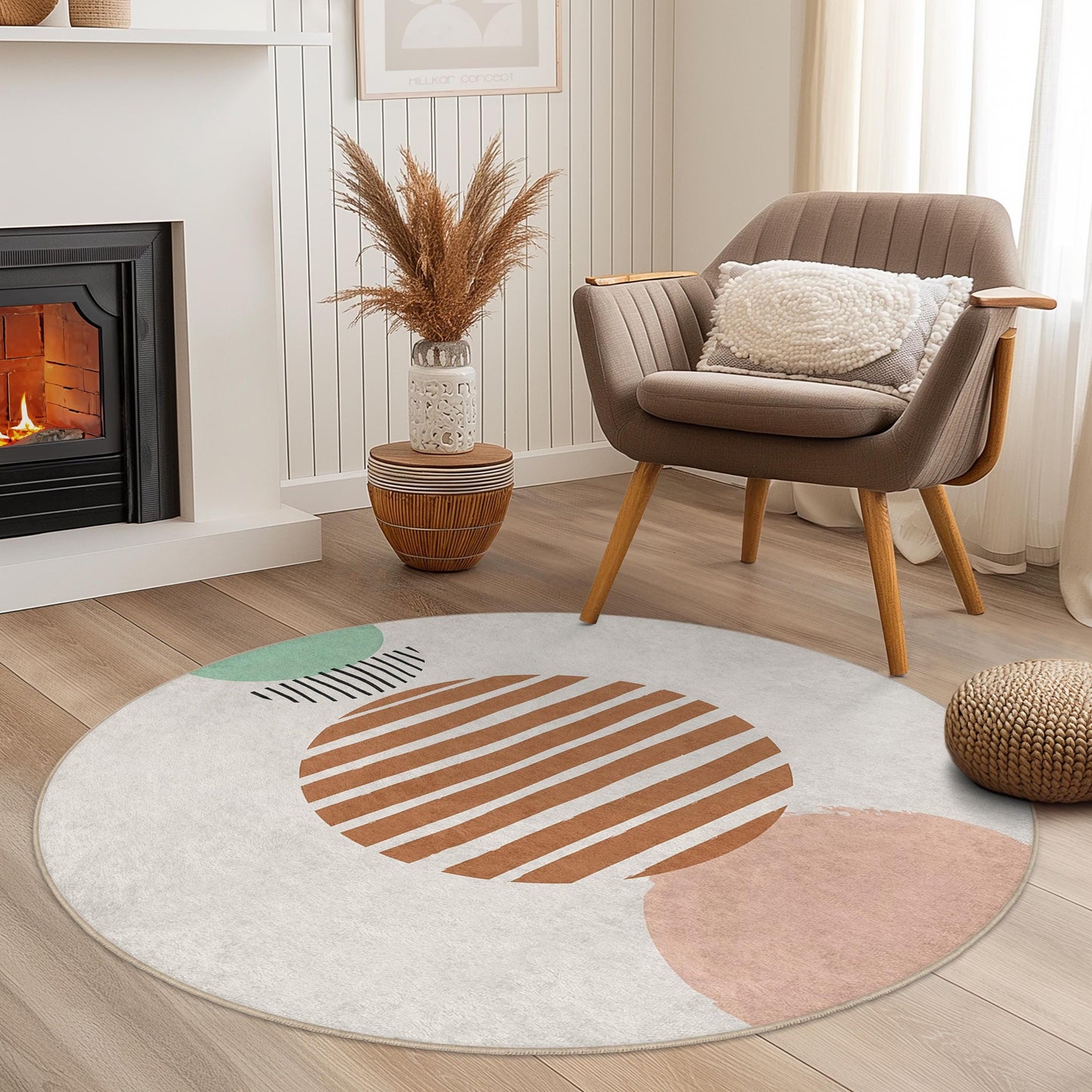 Abstrakter, geometrischer, runder Teppich | Moderner runder Teppich fürs Wohnzimmer | Weicher Baumwollteppich für Zuhause | Stilvolles Streifenmuster