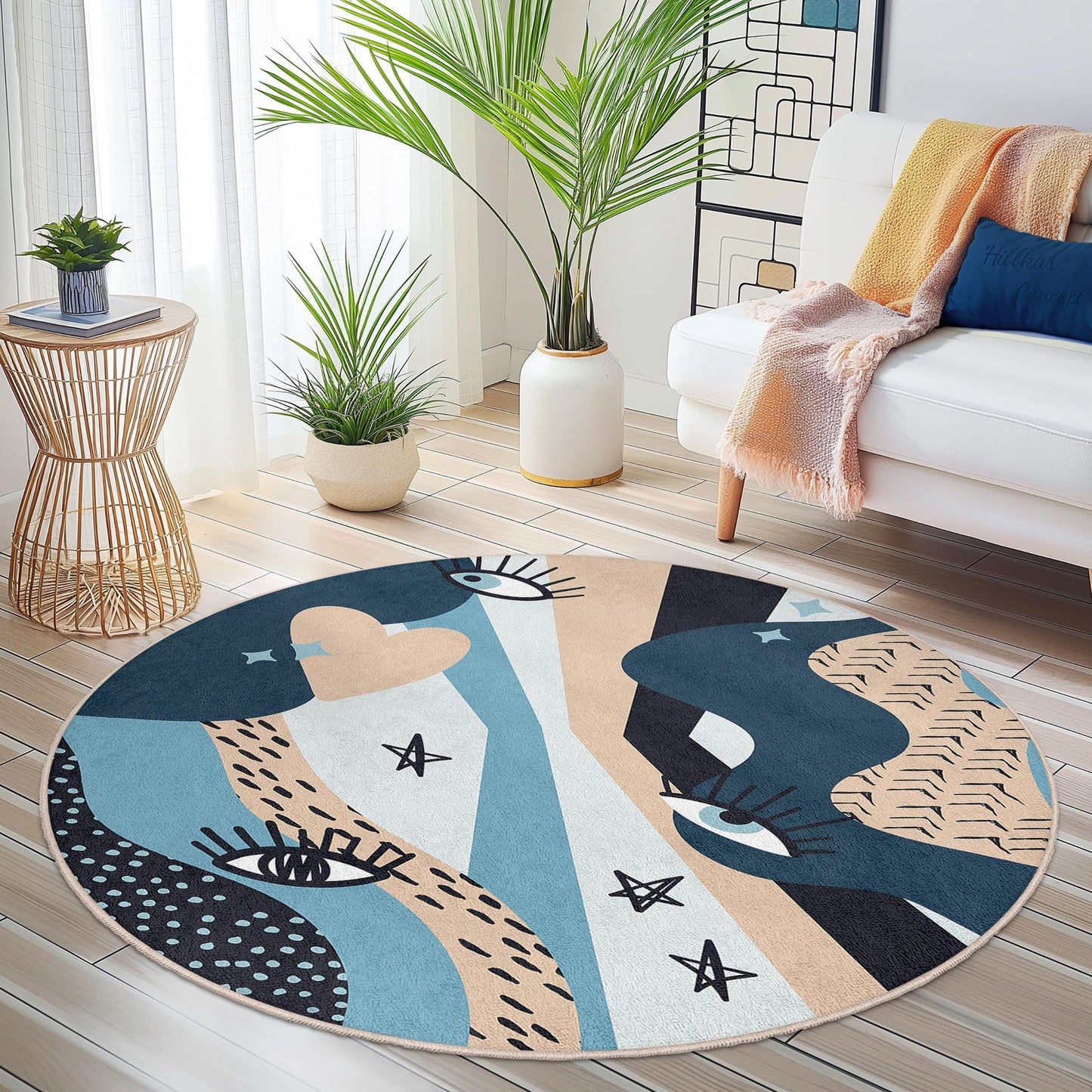 Runder Teppich mit abstraktem Augenmuster | Stilvoller Boho-Fußteppich | Weicher Baumwollteppich fürs Wohnzimmer | Einzigartige Wohndekoration