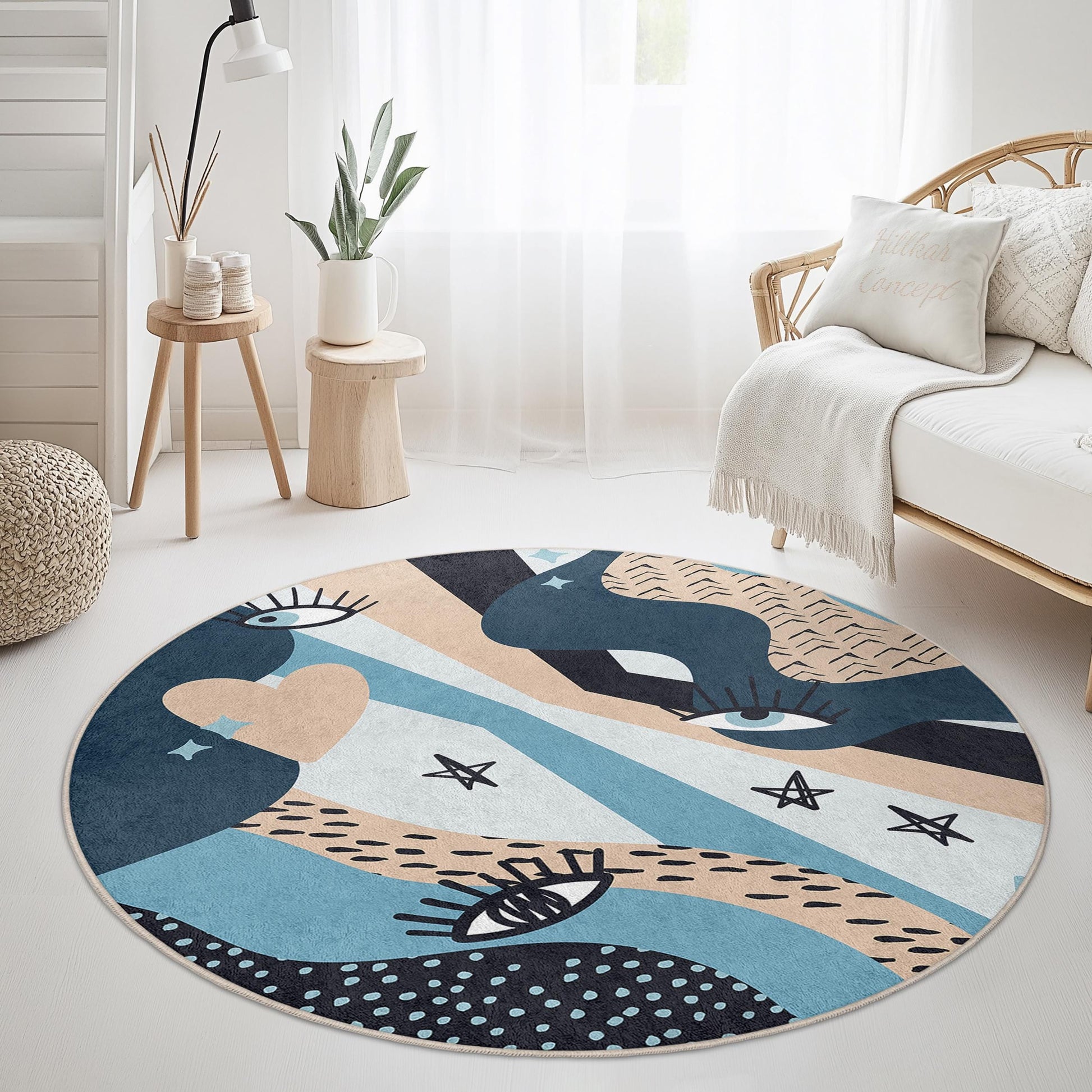 Abstract Eye Pattern Round Rug | Stylish Bohemian Floor Mat | Soft Cotton Carpet for Living Room | Unique Home Dcor