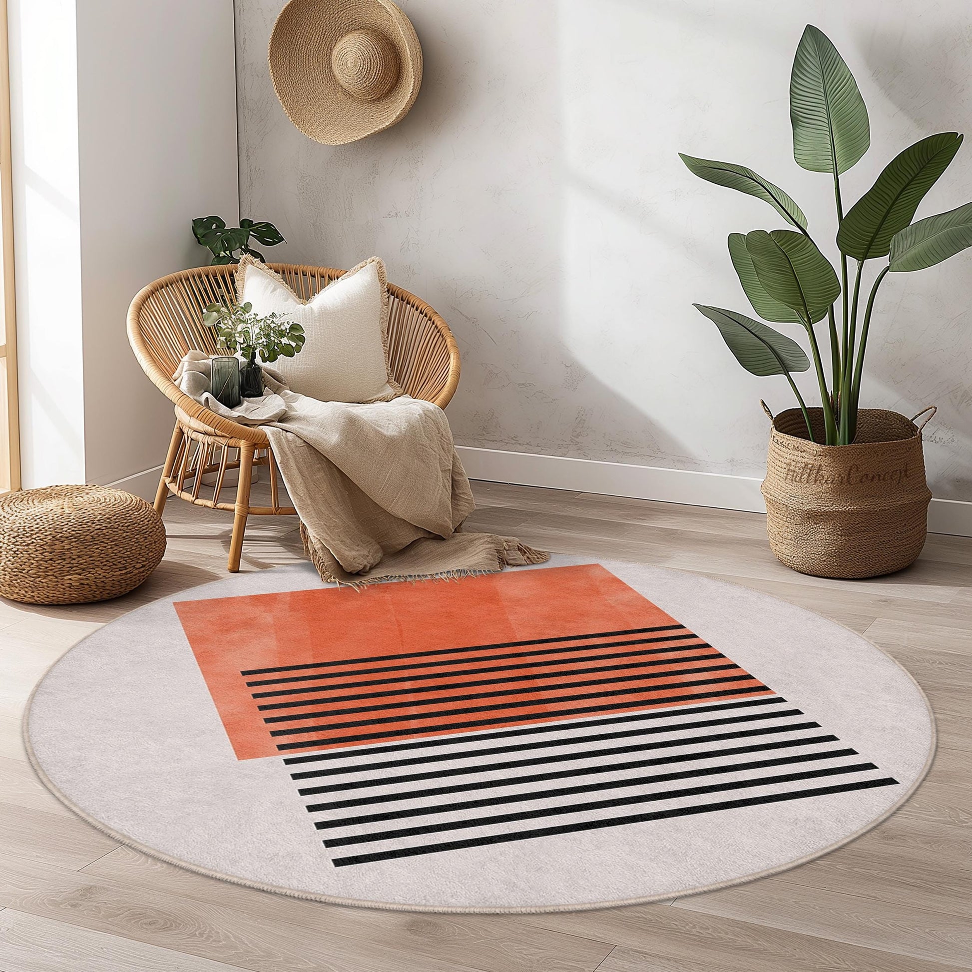 Abstract Coral Striped Round Rug | Soft Cotton Carpet for Living Room | Modern Home Decor | Stylish Circular Area Mat