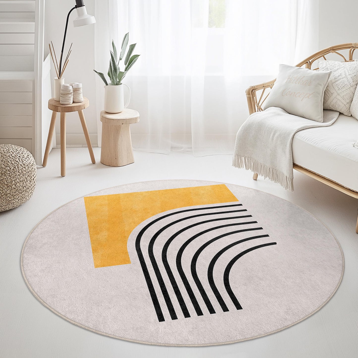 Moderner, abstrakter runder Teppich | Weicher Baumwollteppich fürs Wohnzimmer | Stilvolle Wohndekoration | Einzigartiges geometrisches Design