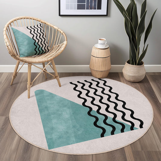 Abstract Waves Round Washable Area Rug | Modern Geometric Soft Carpet | Stylish Home Decor | Trendy Living Room Mat