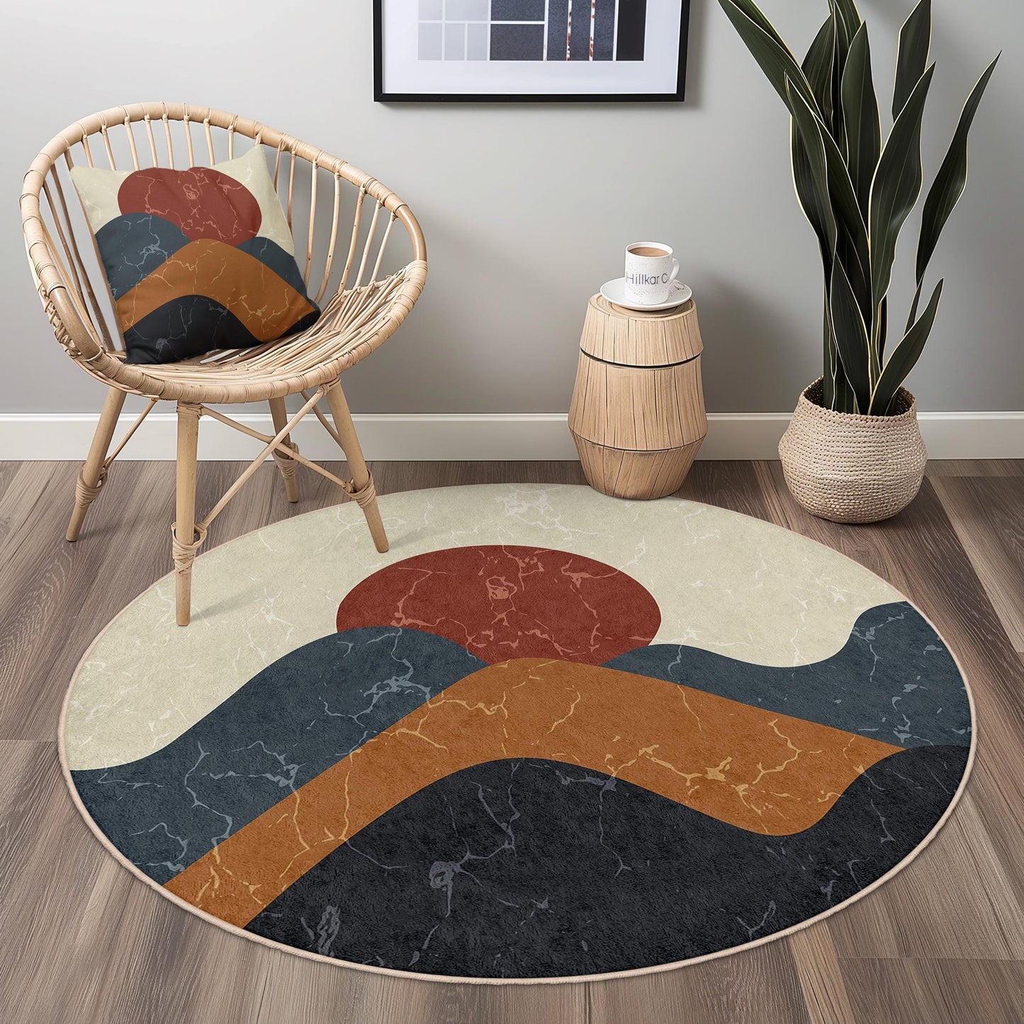 Abstrakter runder Teppich mit Bergmotiv | Modernes Wohnambiente im Bohème-Stil | Weicher Baumwollteppich | Stilvolle Wohnzimmermatte