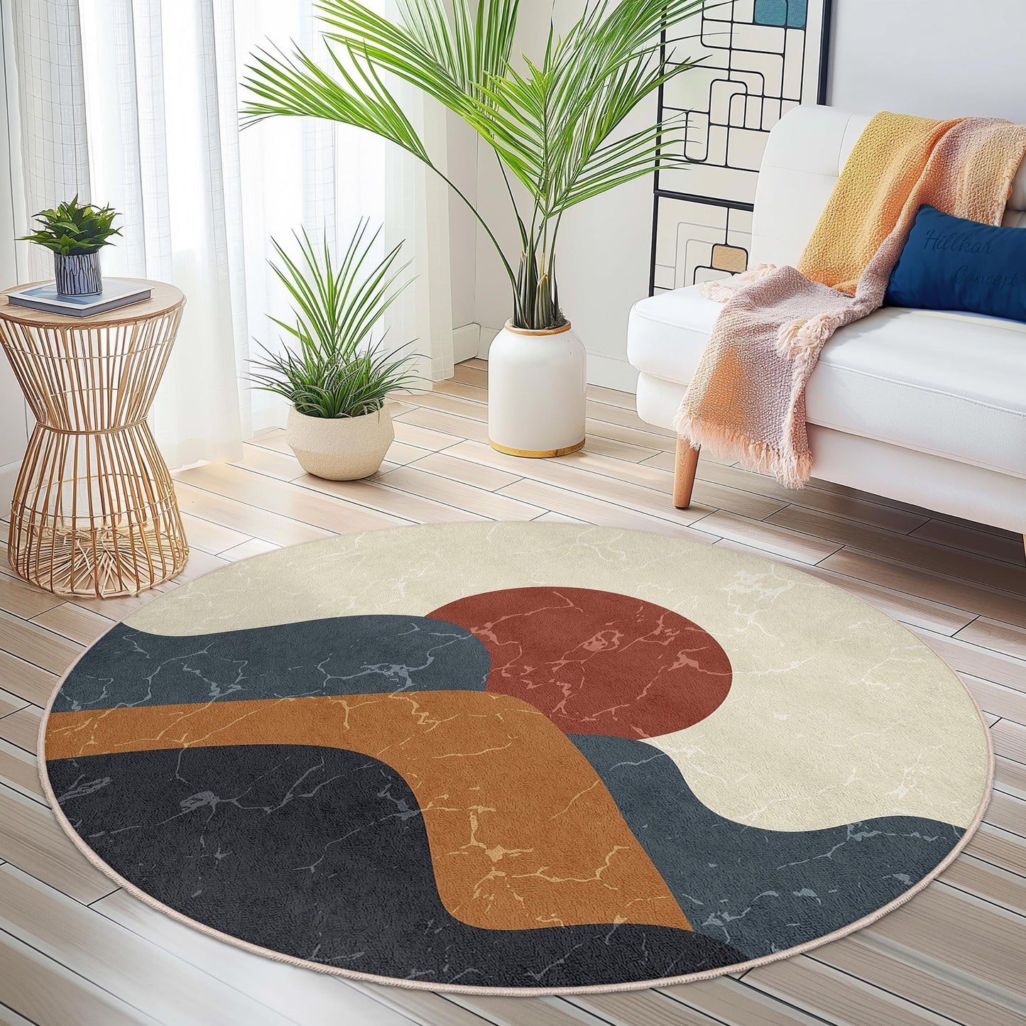 Abstrakter runder Teppich mit Bergmotiv | Modernes Wohnambiente im Bohème-Stil | Weicher Baumwollteppich | Stilvolle Wohnzimmermatte
