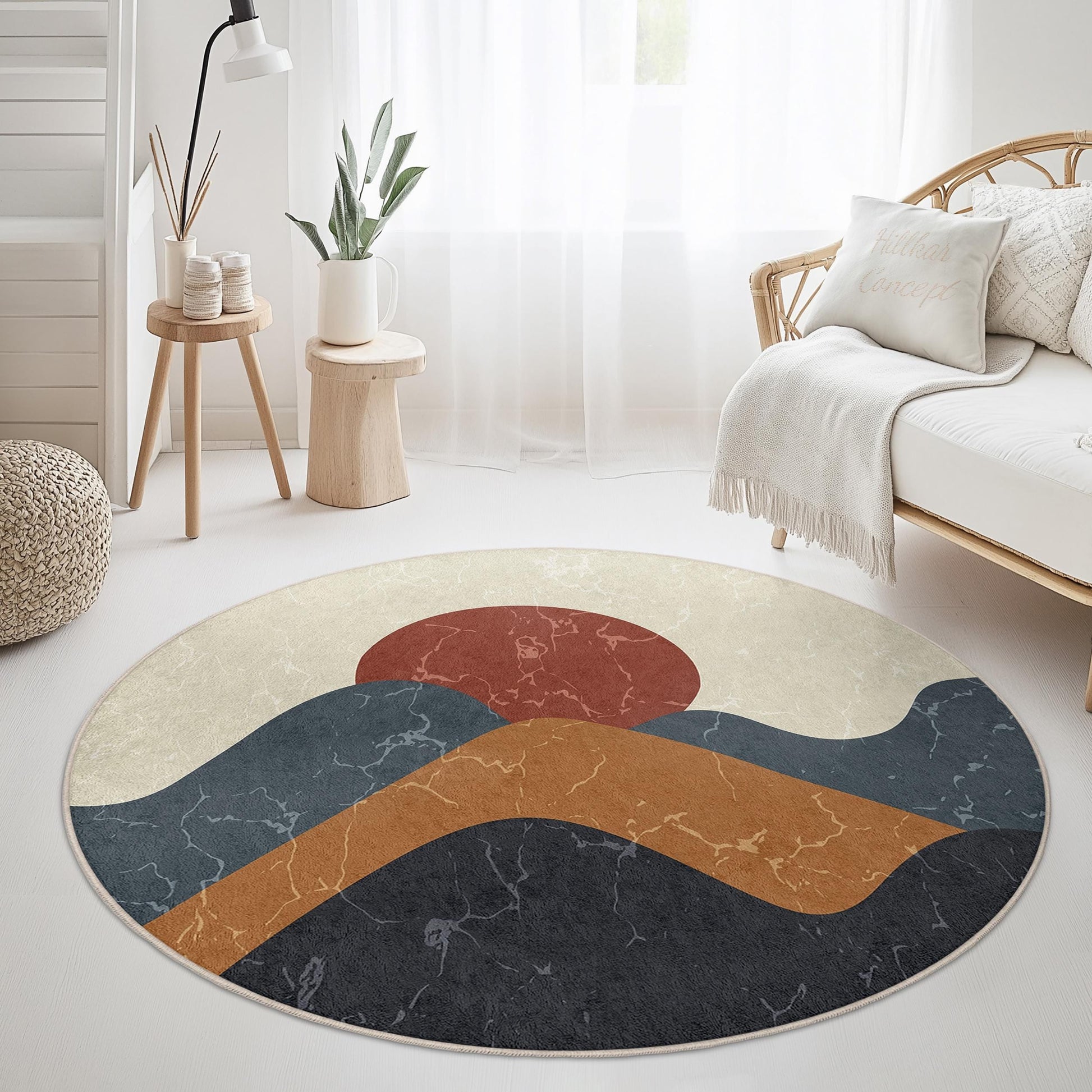 Abstract Mountain Round Rug | Modern Bohemian Home Decor | Soft Cotton Area Carpet | Stylish Living Room Mat