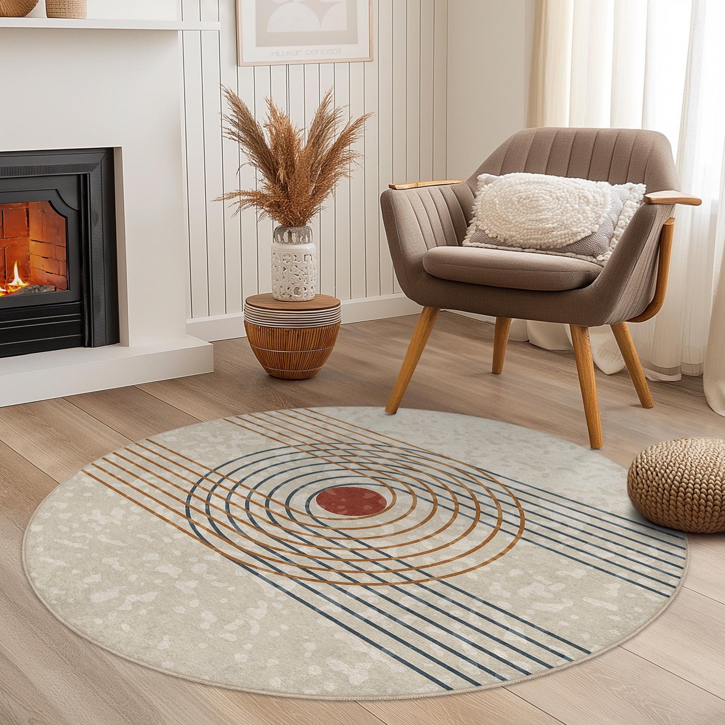 Waschbarer runder Teppich mit geometrischem Kreismuster | Moderne Wohndekoration | Weicher Teppich fürs Wohnzimmer | Stilvoller Boho-Teppich