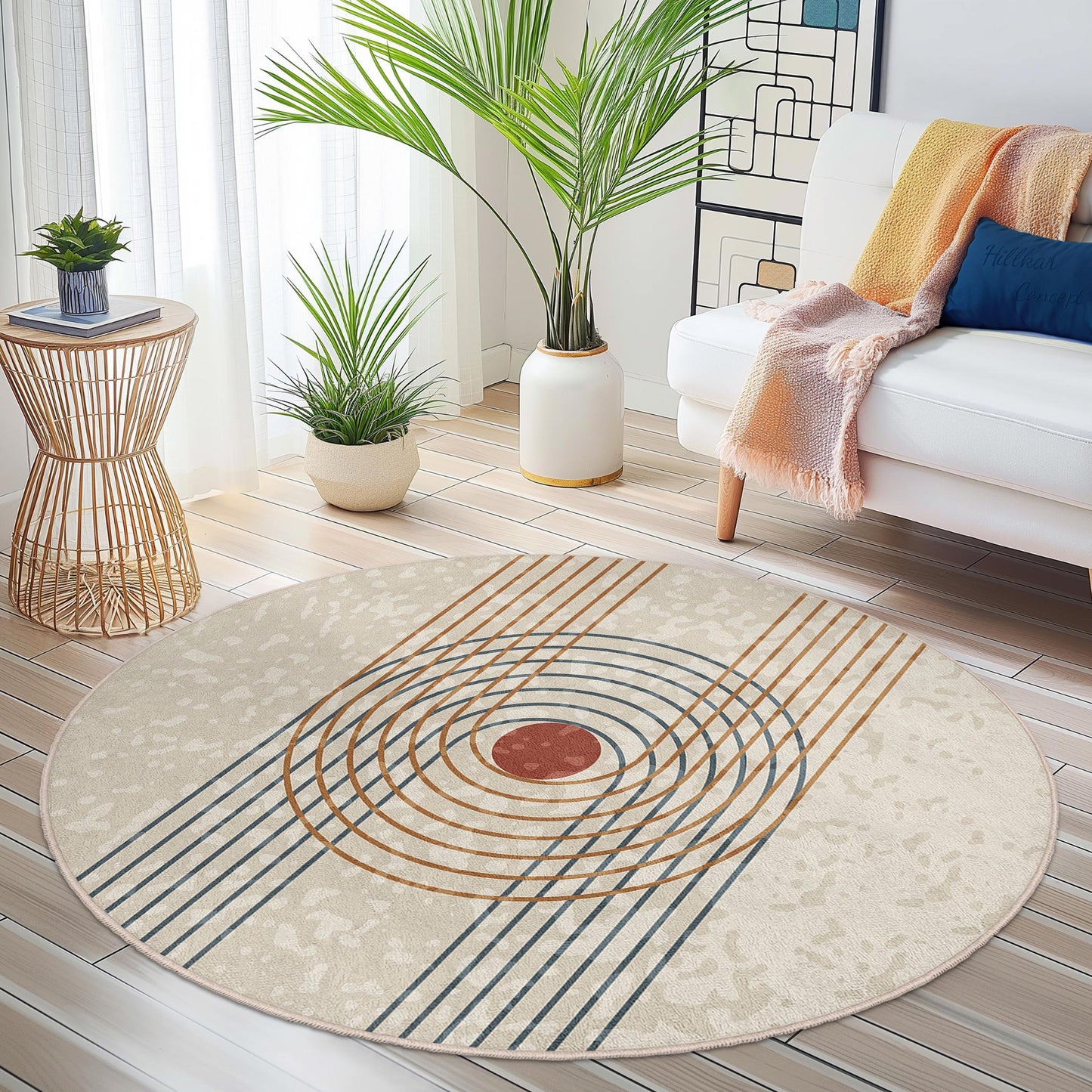 Waschbarer runder Teppich mit geometrischem Kreismuster | Moderne Wohndekoration | Weicher Teppich fürs Wohnzimmer | Stilvoller Boho-Teppich