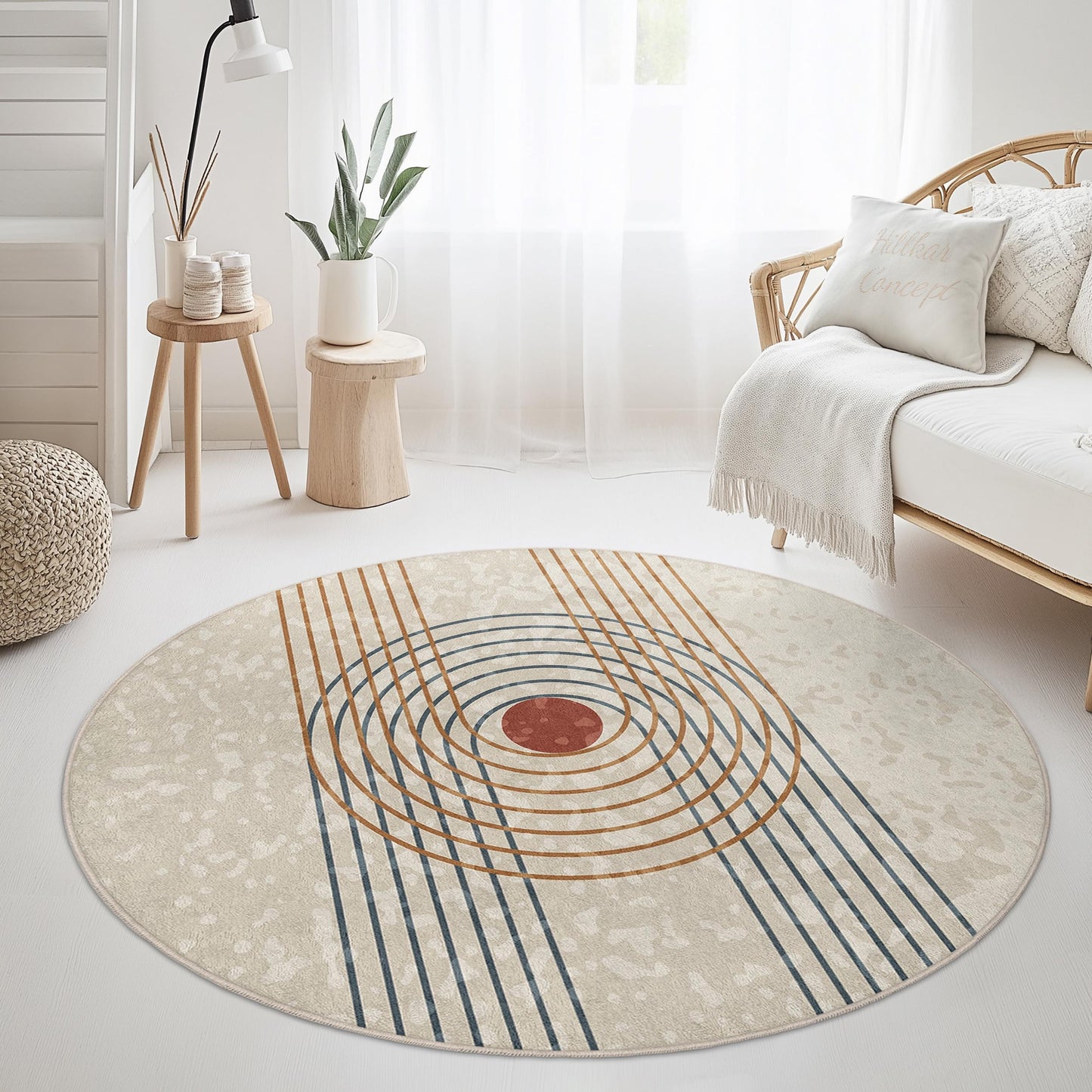 Waschbarer runder Teppich mit geometrischem Kreismuster | Moderne Wohndekoration | Weicher Teppich fürs Wohnzimmer | Stilvoller Boho-Teppich