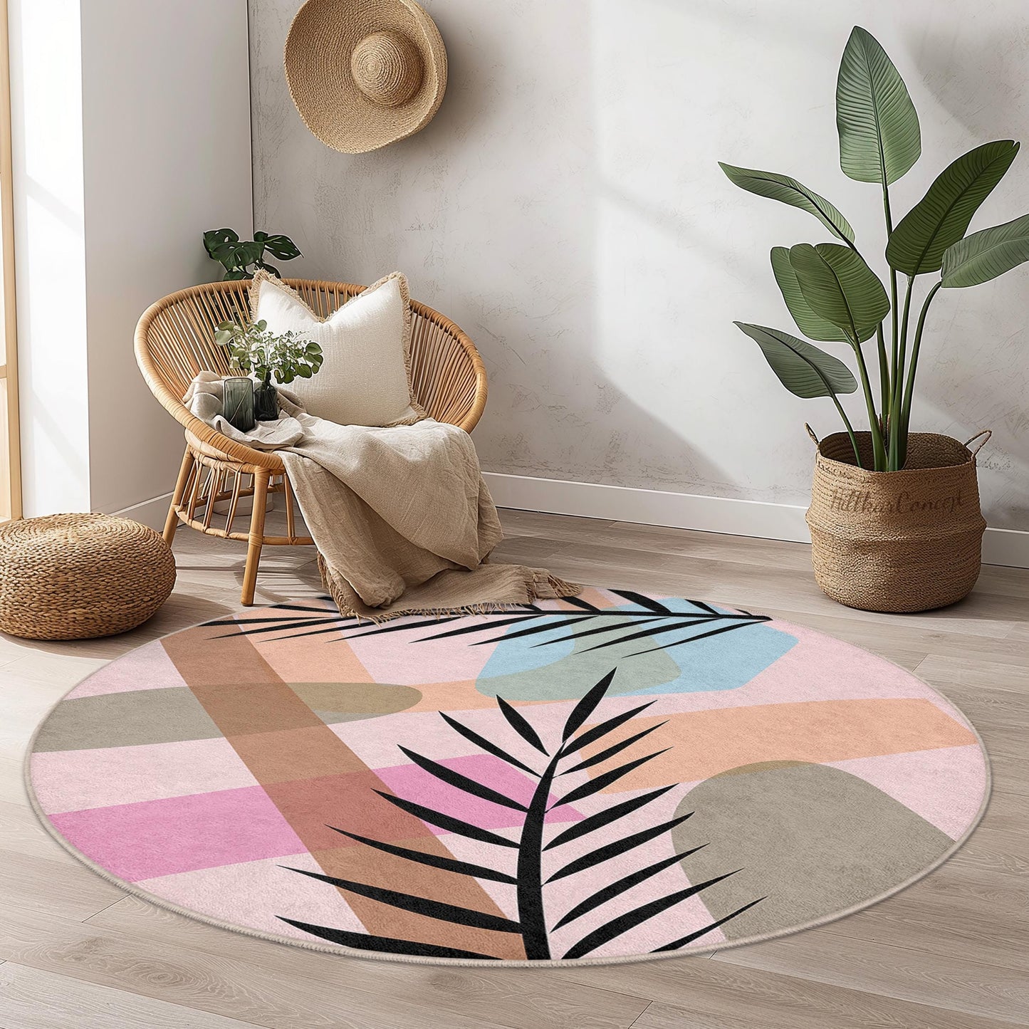Abstract Leaf Design Round Area Rug | Soft Cotton Circle Carpet | Stylish Home Decor | Unique Boho Living Room Rug